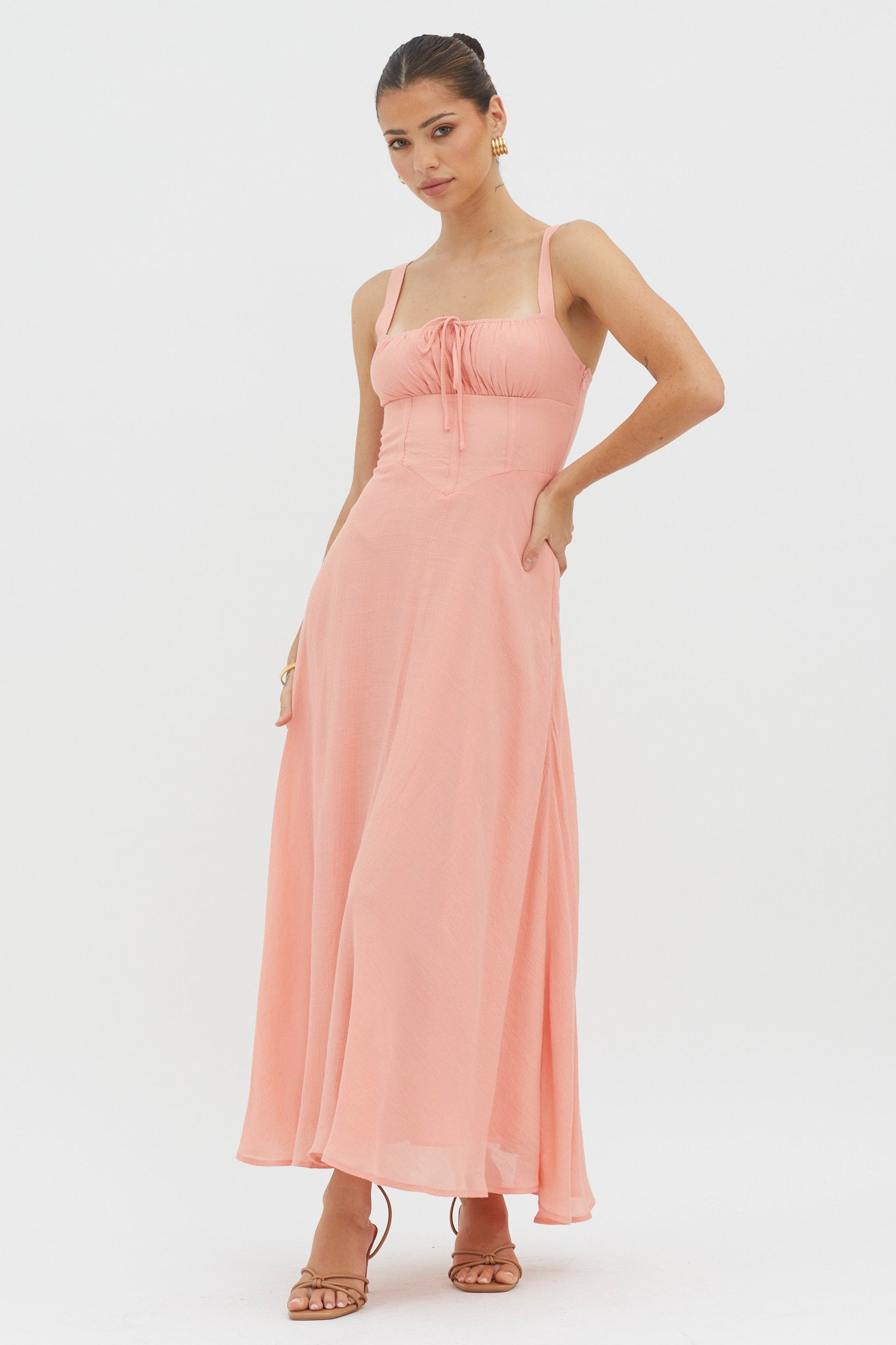 Sweet Pea Tied Bust A-Line Midi Dress Peach by Selfie Leslie Australia