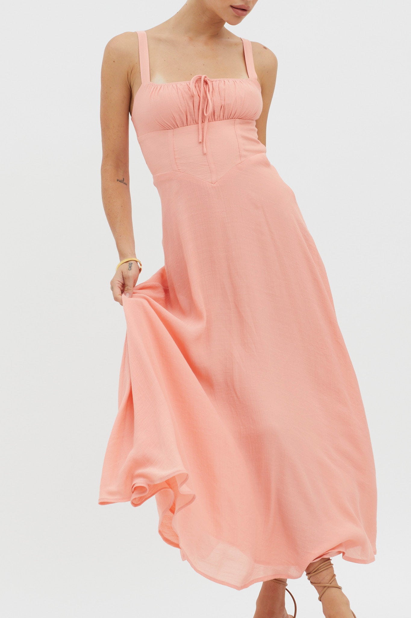 Sweet Pea Tied Bust A-Line Midi Dress Peach by Selfie Leslie Australia