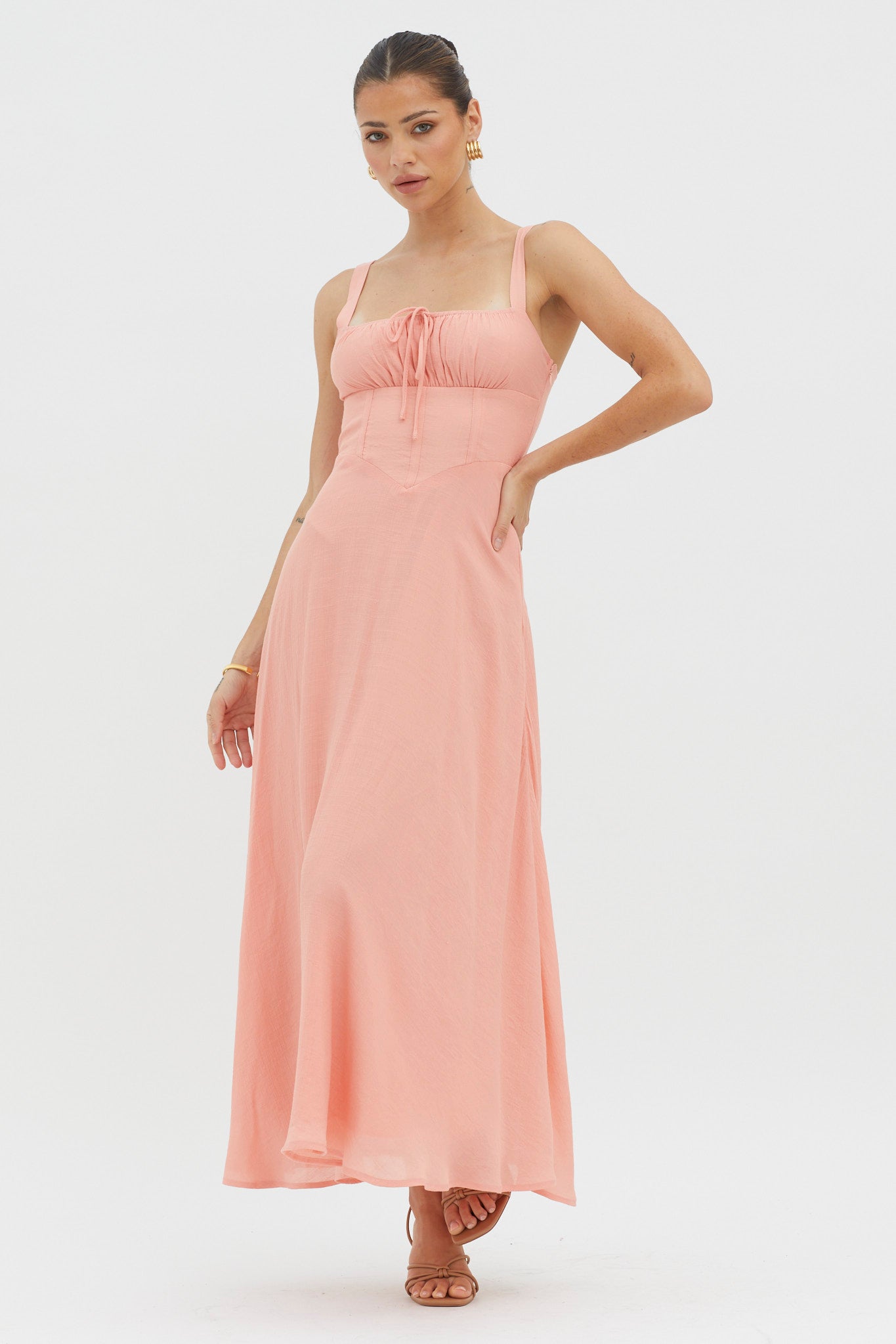Sweet Pea Tied Bust A-Line Midi Dress Peach by Selfie Leslie Australia