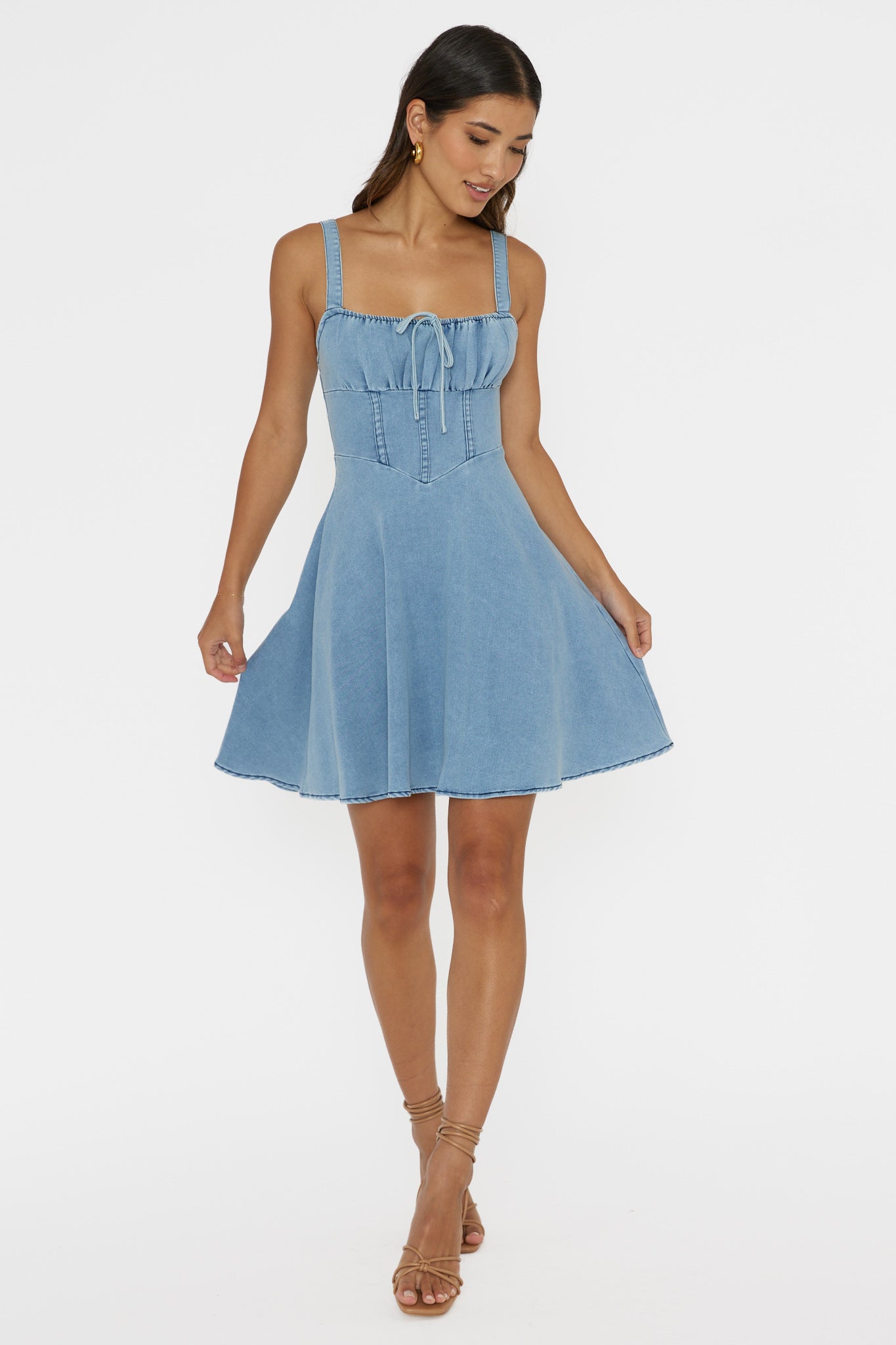 Sweet Pea Tied Bust Mini Dress Denim Blue by Selfie Leslie Australia