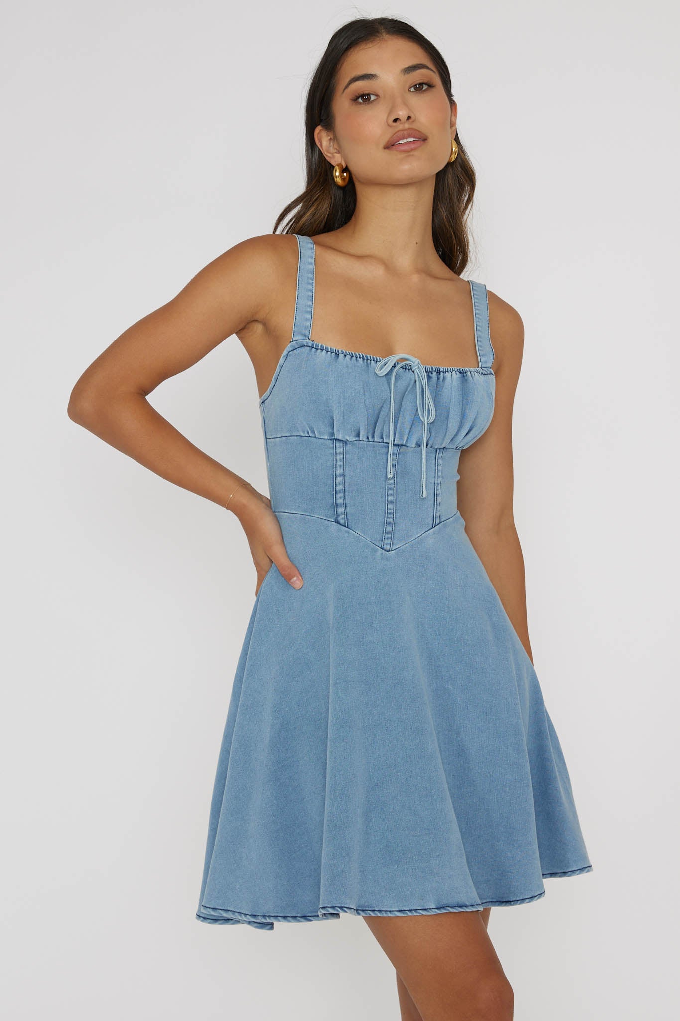 Sweet Pea Tied Bust Mini Dress Denim Blue by Selfie Leslie Australia