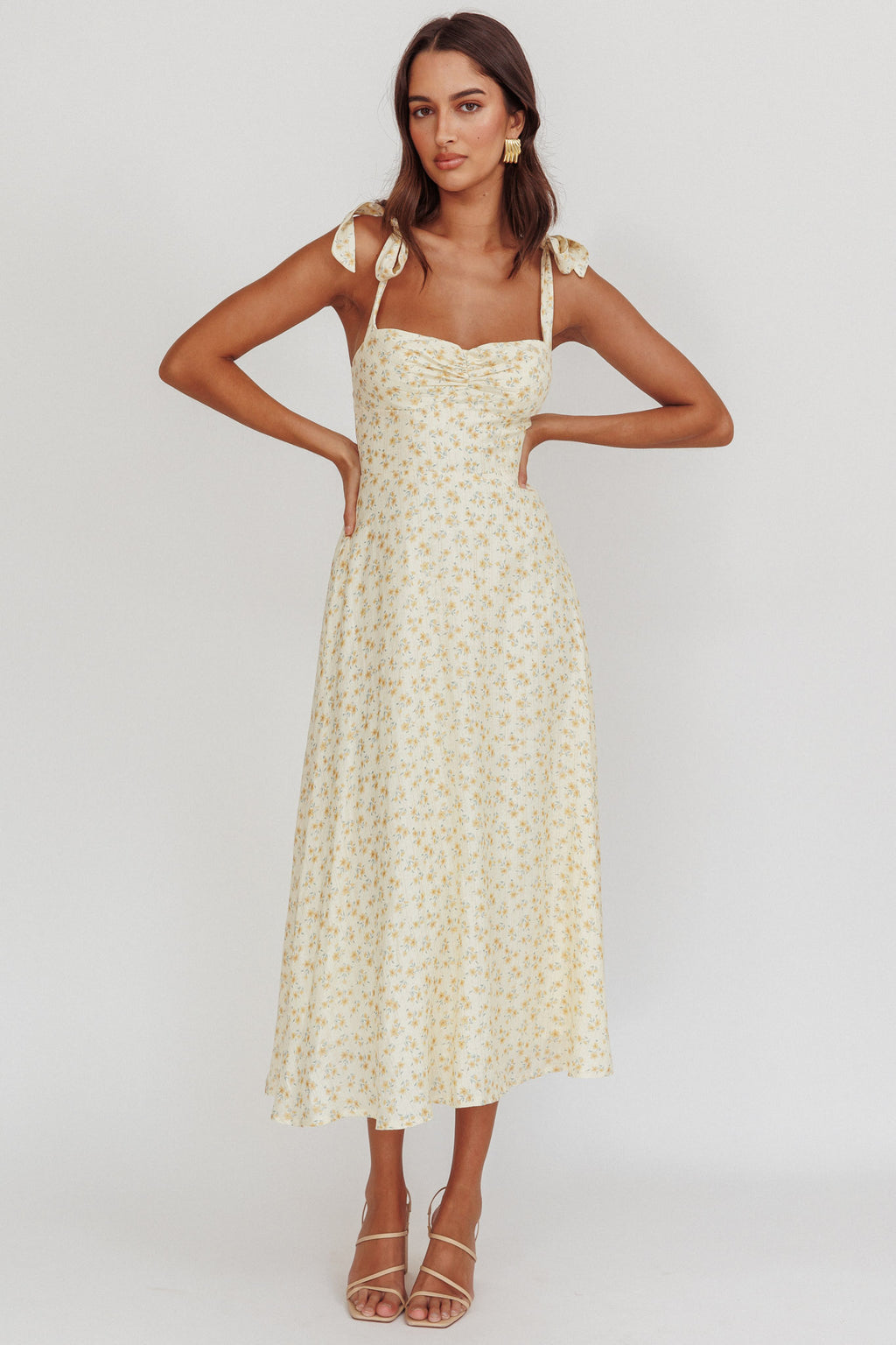 Sweet Pea Floral Tied Straps Midi Dress Yellow by Selfie Leslie Australia