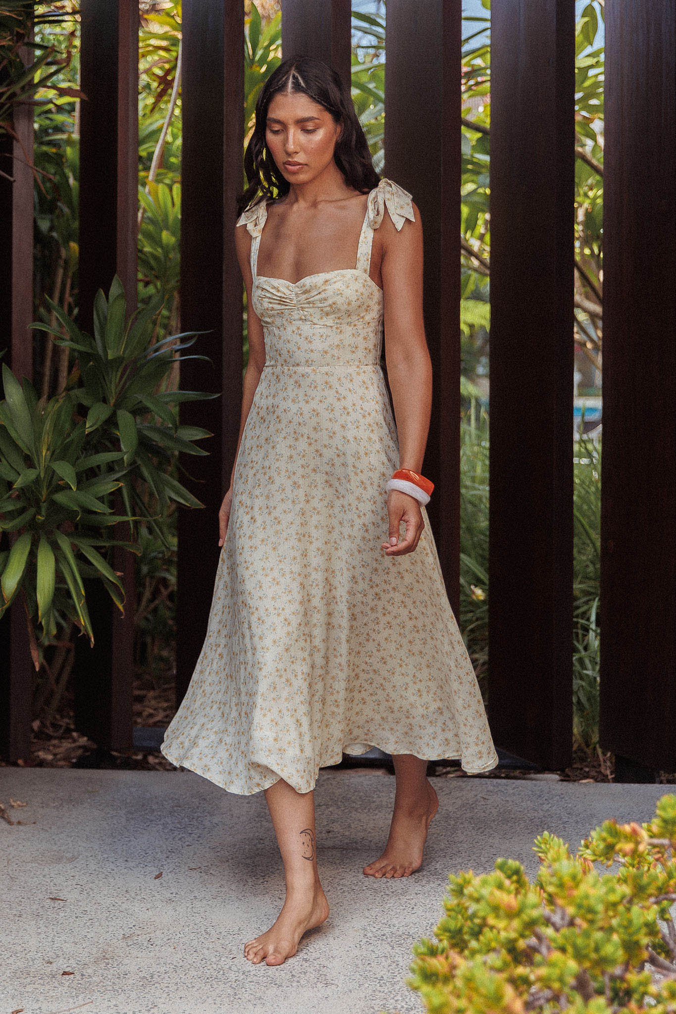 Sweet Pea Floral Tied Straps Midi Dress Yellow by Selfie Leslie Australia