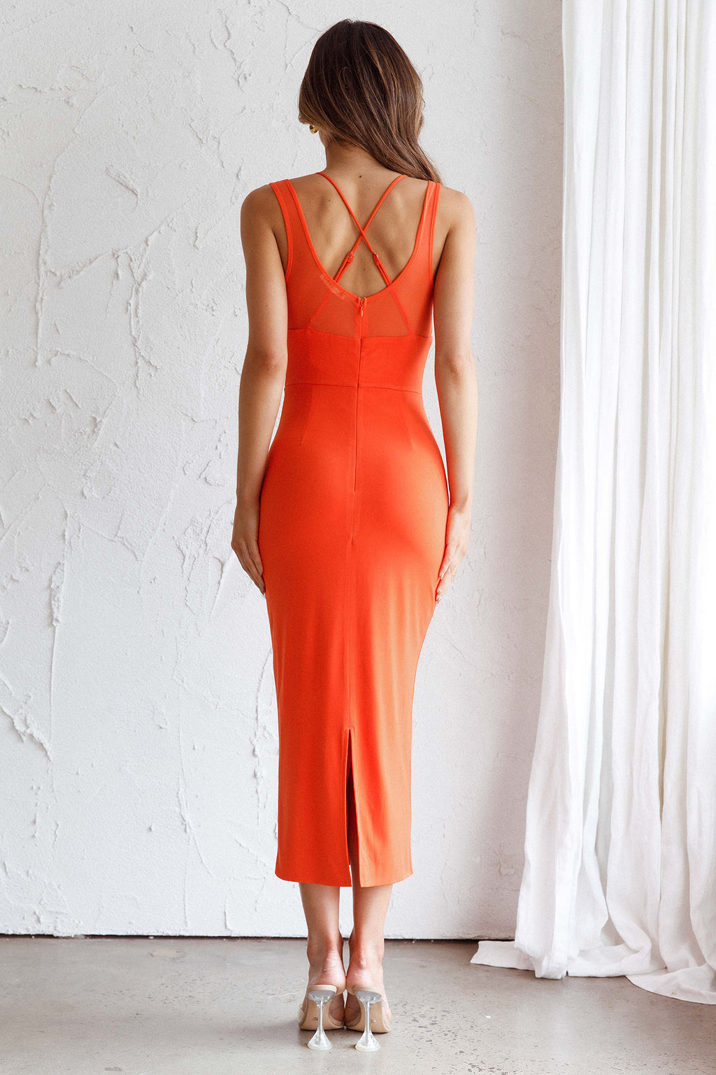 Charice Mesh Bodice Overlay Midi Dress Orange by Selfie Leslie Australia