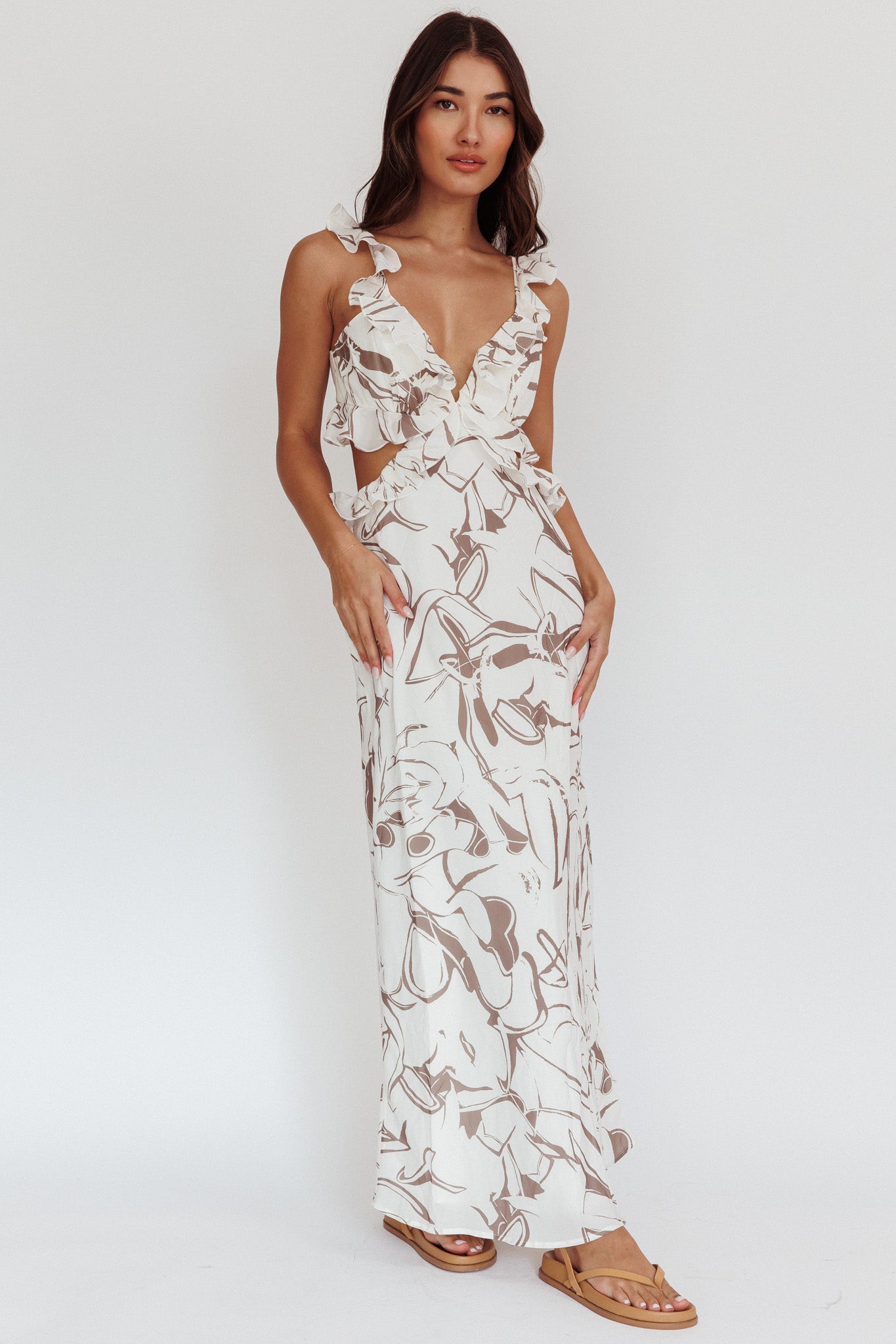Second Chances Ruffle Trim Maxi Dress Mocha by Selfie Leslie Australia