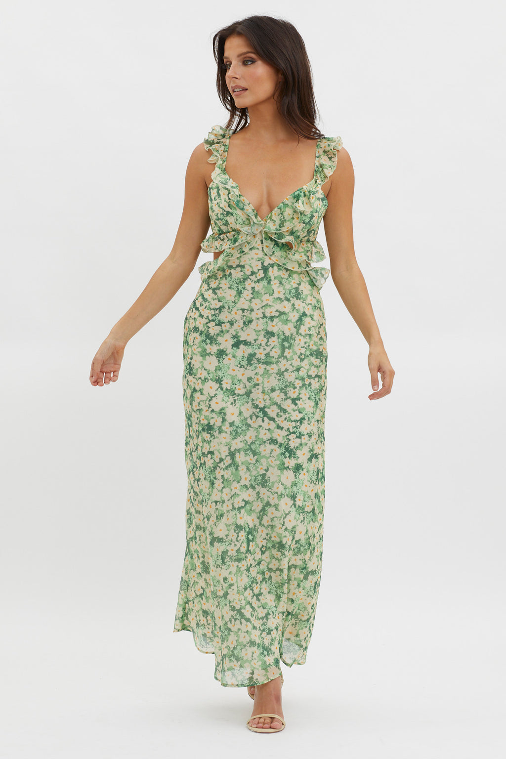 Second Chances Ruffle Trim Maxi Dress Flowers Green by Selfie Leslie Australia