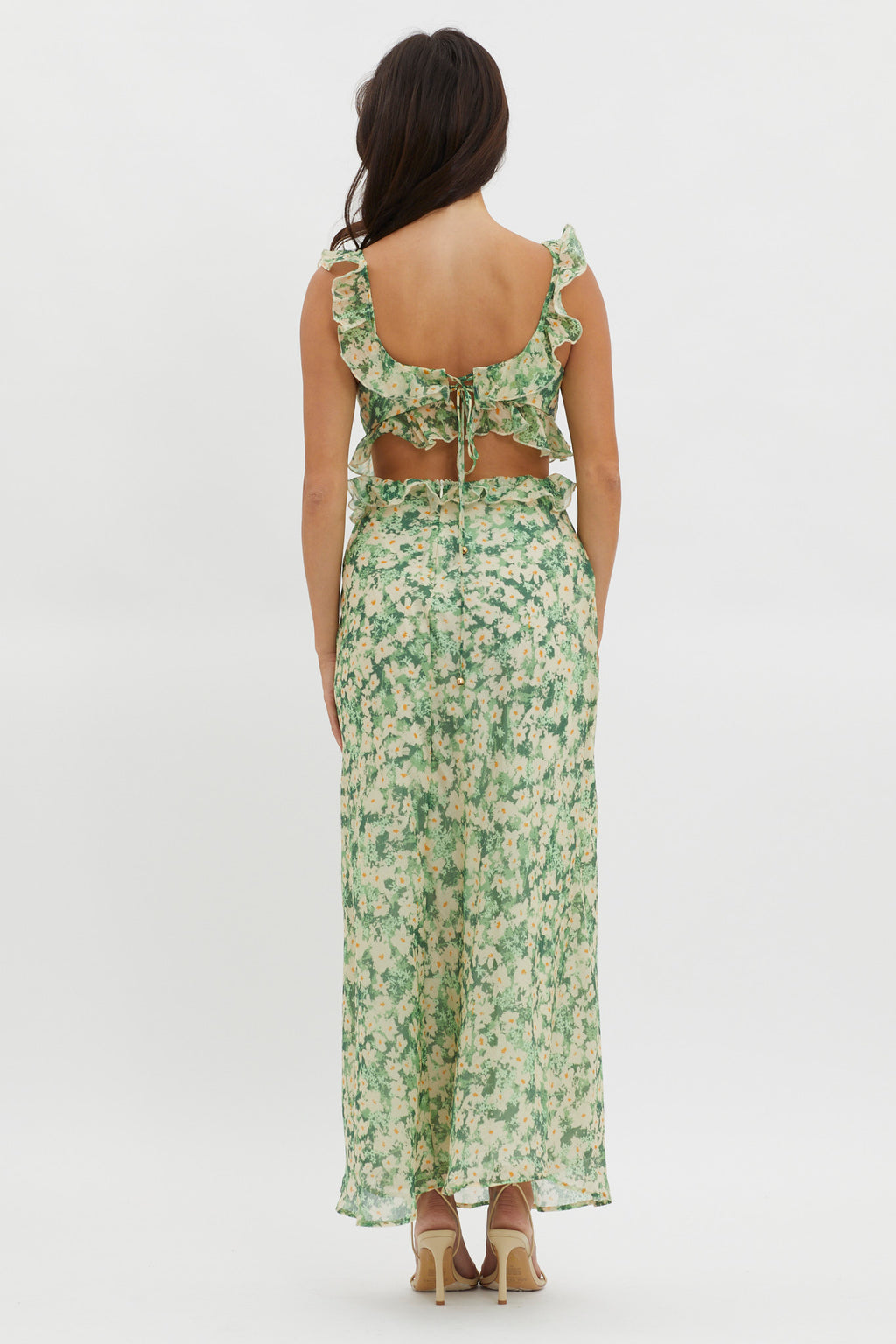 Second Chances Ruffle Trim Maxi Dress Flowers Green by Selfie Leslie Australia