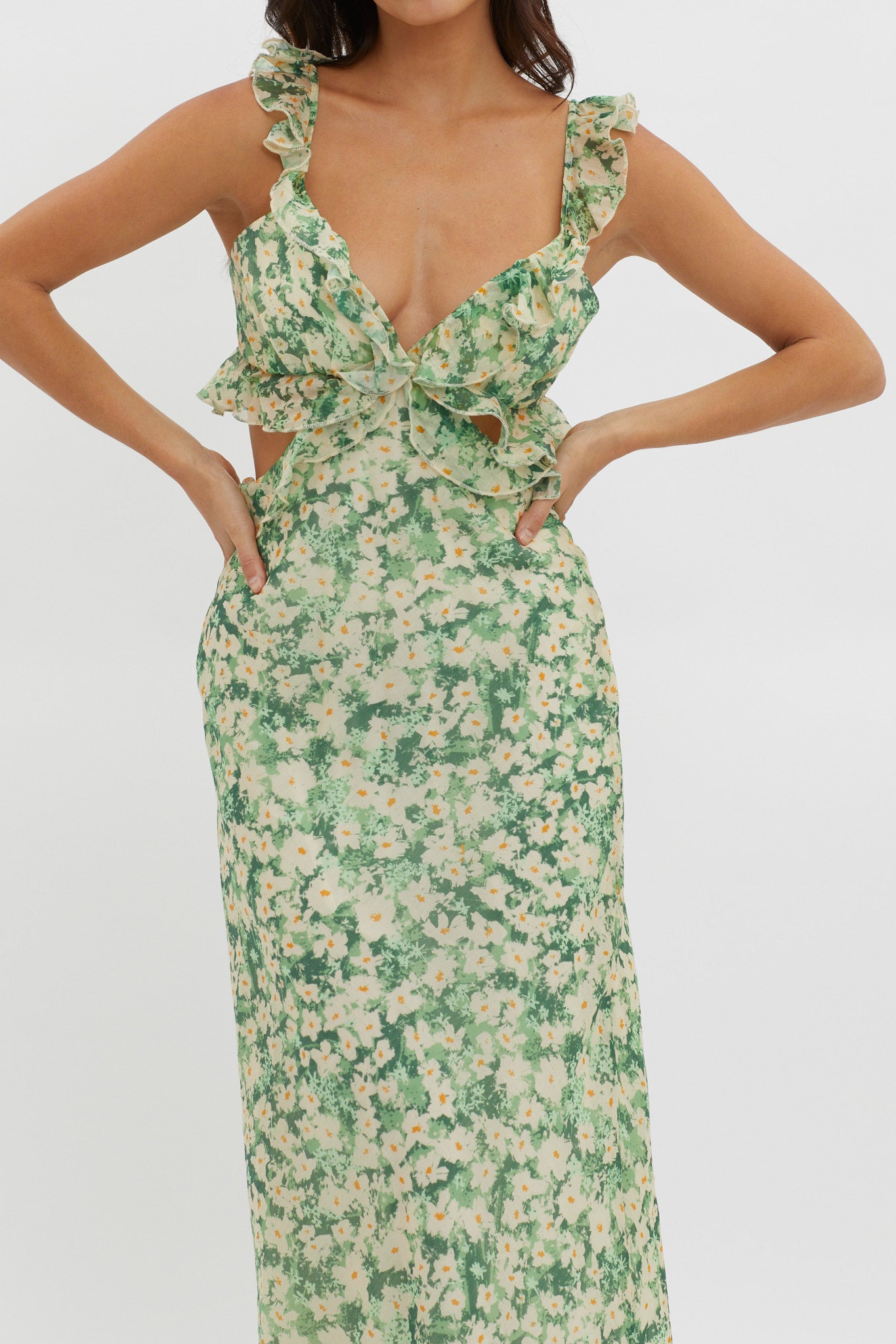 Second Chances Ruffle Trim Maxi Dress Flowers Green by Selfie Leslie Australia