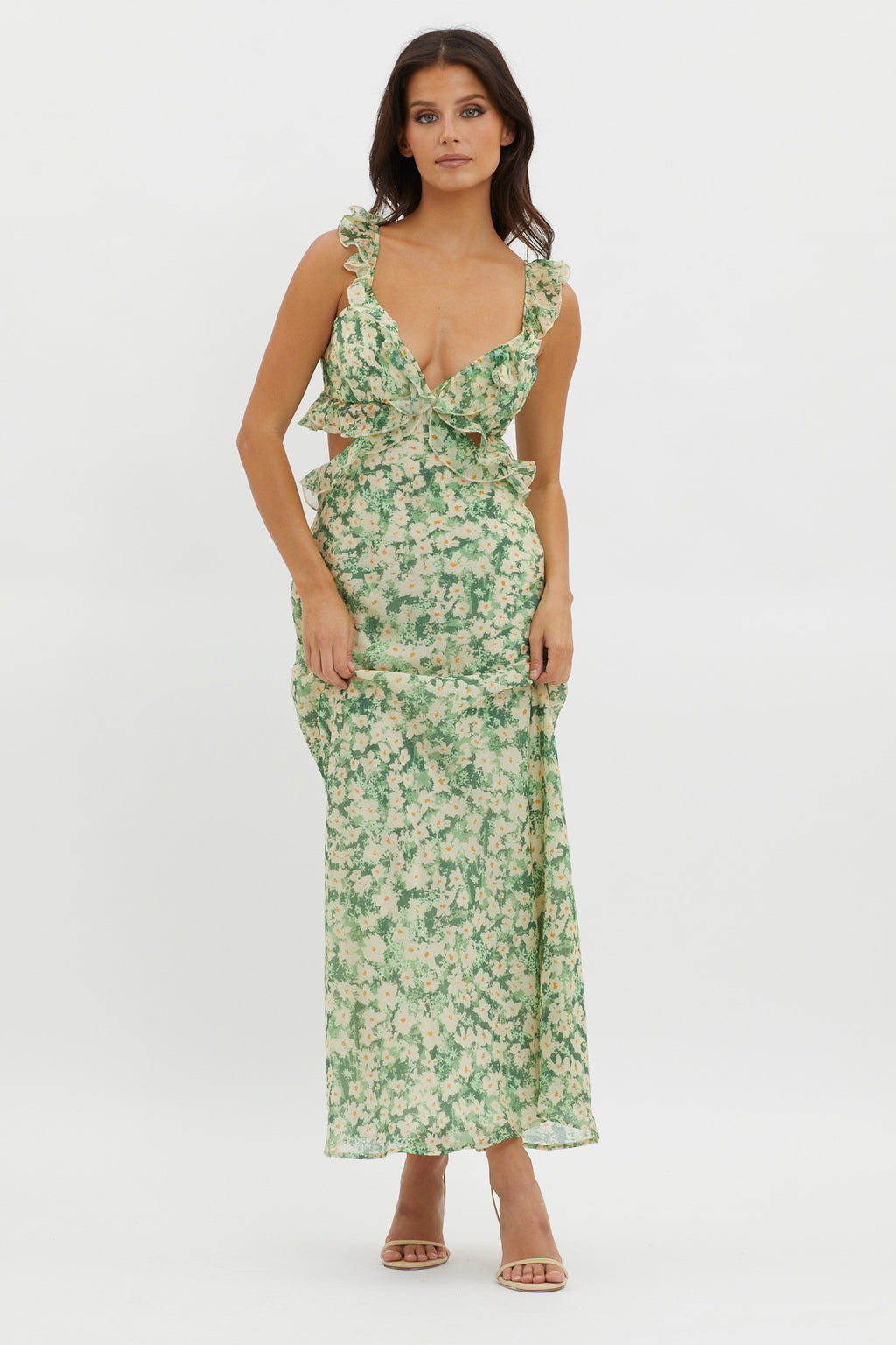 Second Chances Ruffle Trim Maxi Dress Flowers Green by Selfie Leslie Australia