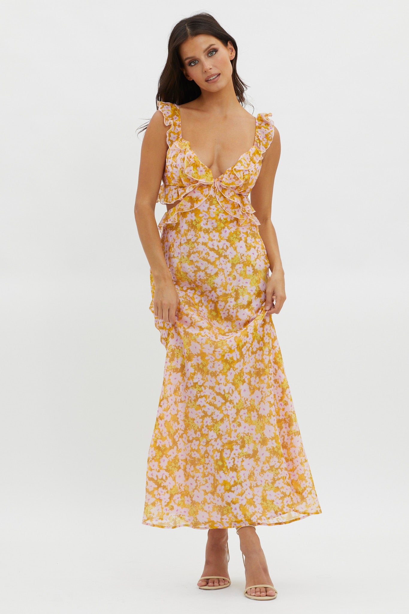 Second Chances Ruffle Trim Maxi Dress Flowers Yellow by Selfie Leslie Australia