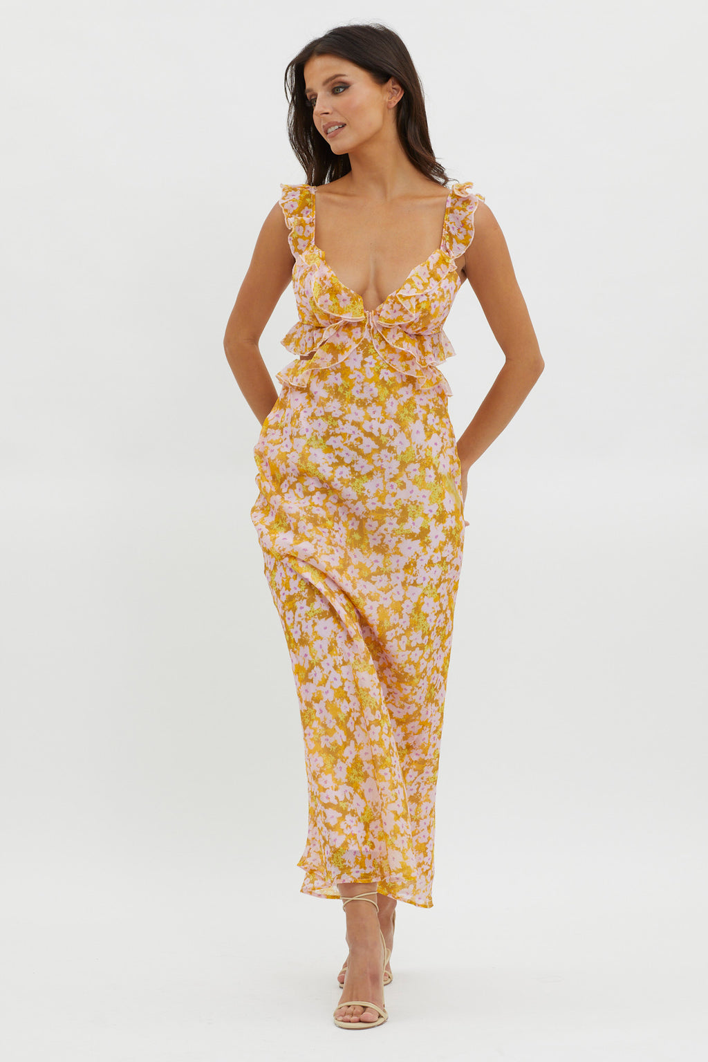 Second Chances Ruffle Trim Maxi Dress Flowers Yellow by Selfie Leslie Australia