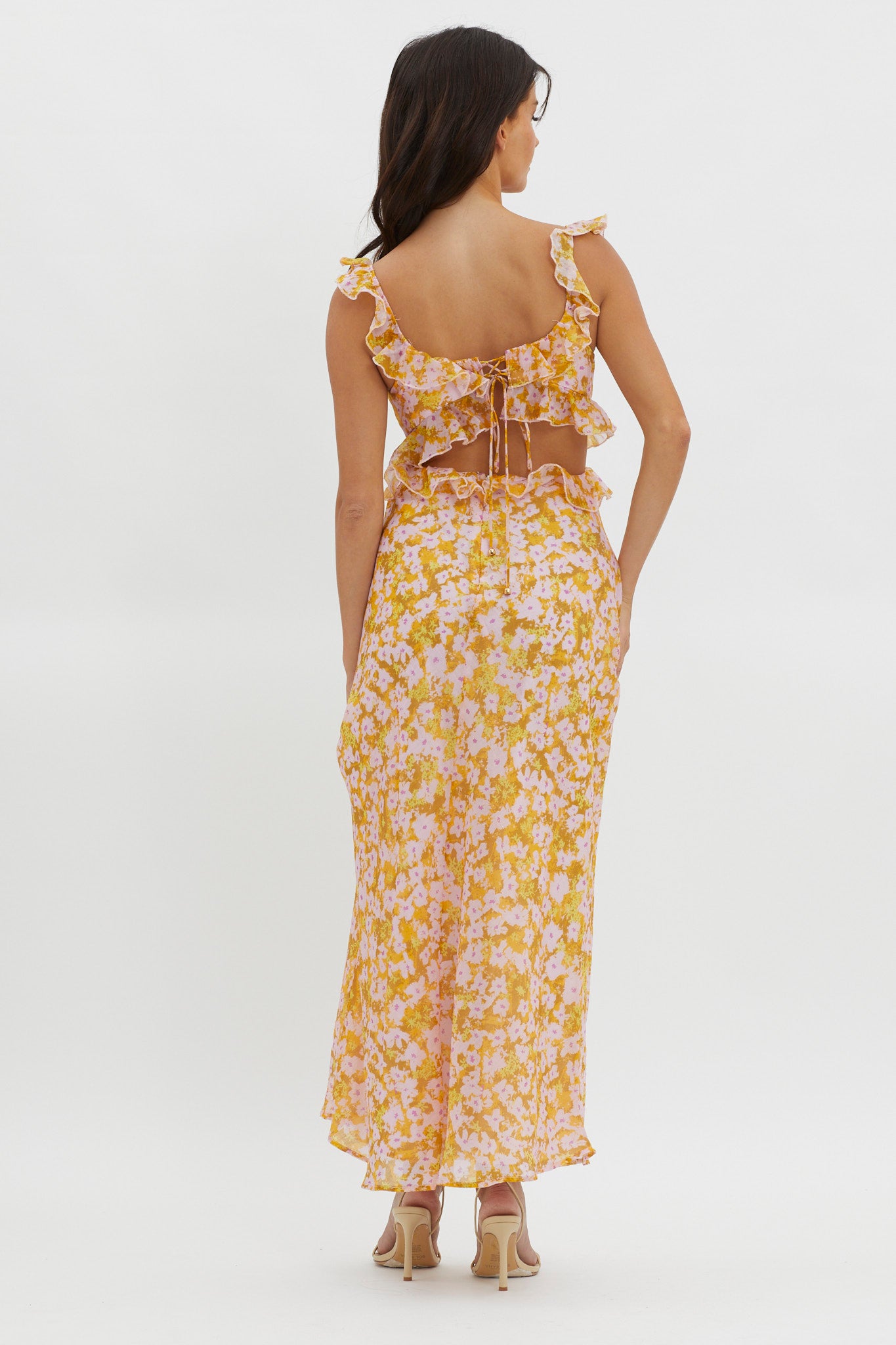 Second Chances Ruffle Trim Maxi Dress Flowers Yellow by Selfie Leslie Australia