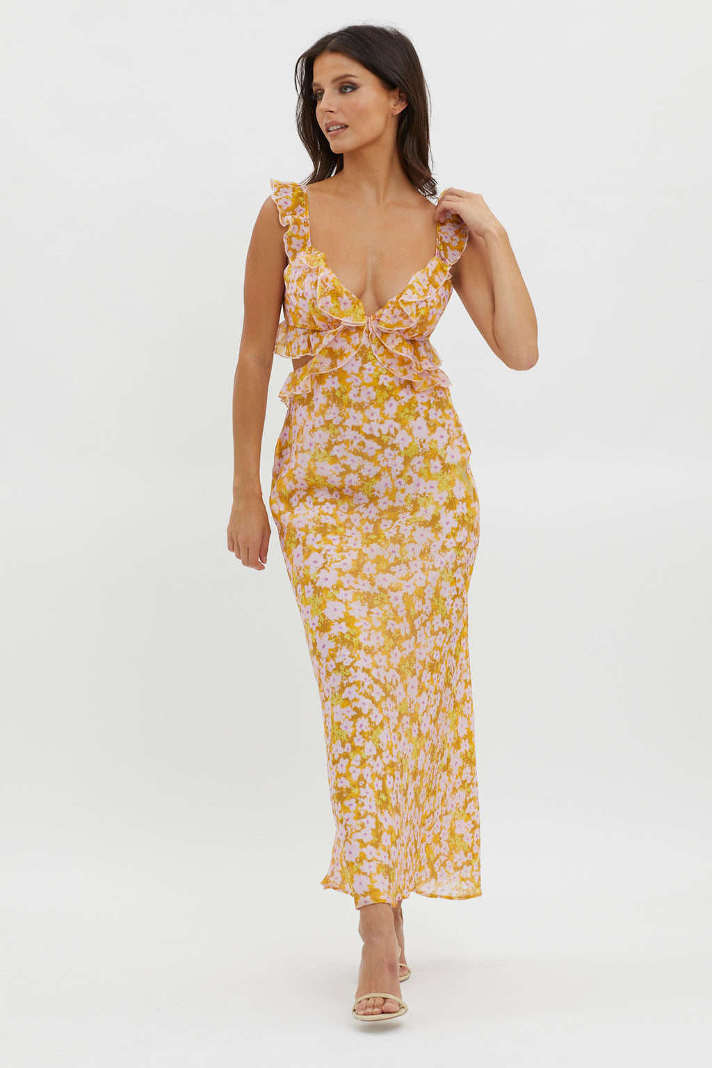 Second Chances Ruffle Trim Maxi Dress Flowers Yellow by Selfie Leslie Australia