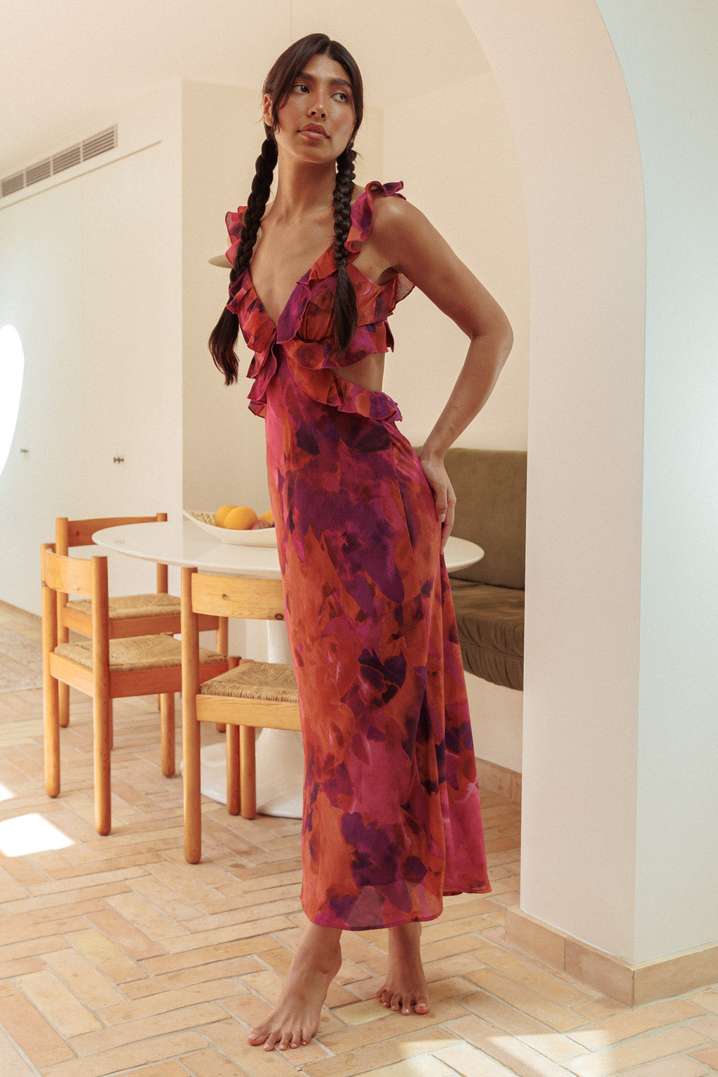 Second Chances Ruffle Trim Maxi Dress Flowers Purple by Selfie Leslie Australia