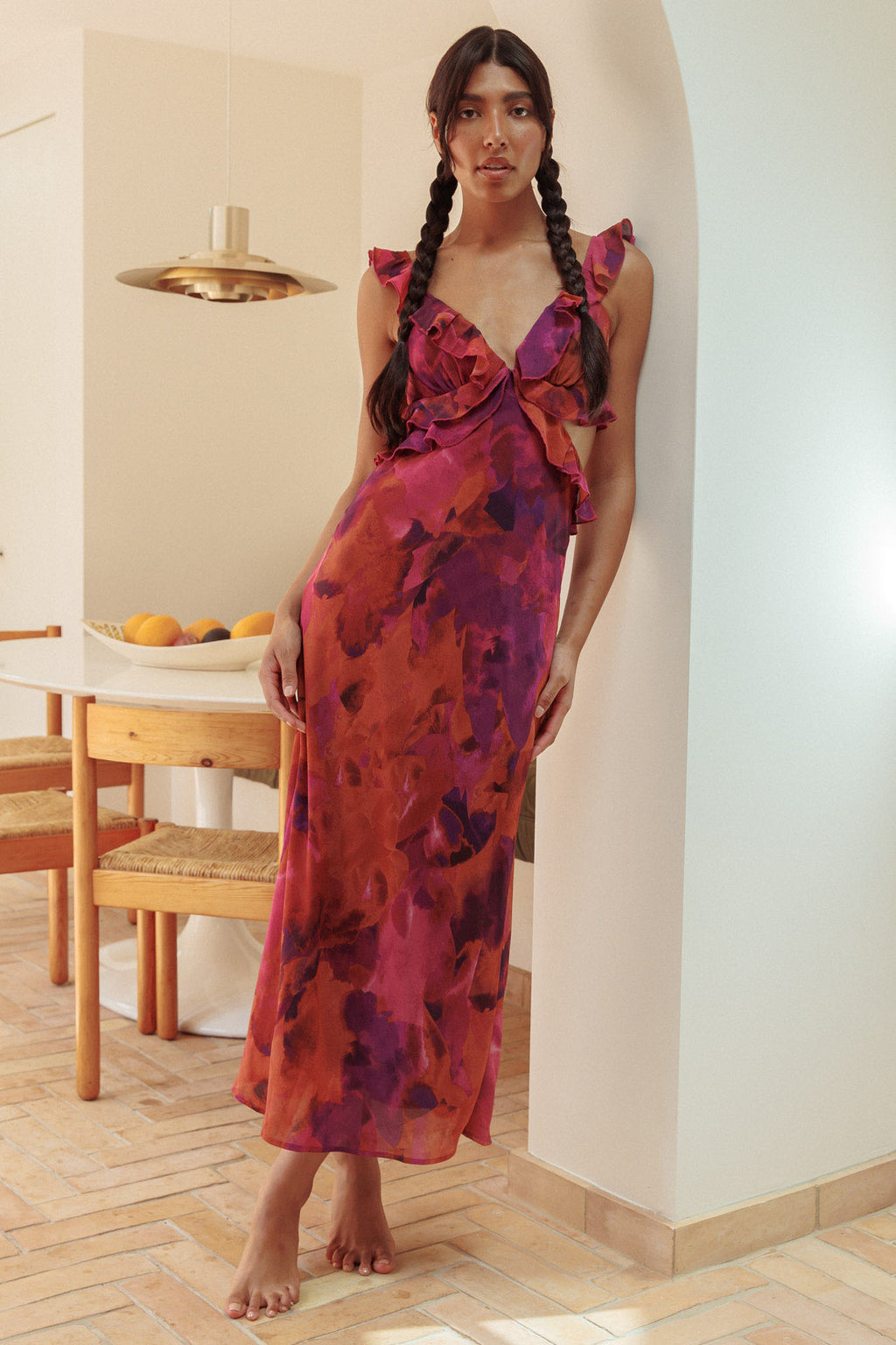 Second Chances Ruffle Trim Maxi Dress Flowers Purple by Selfie Leslie Australia