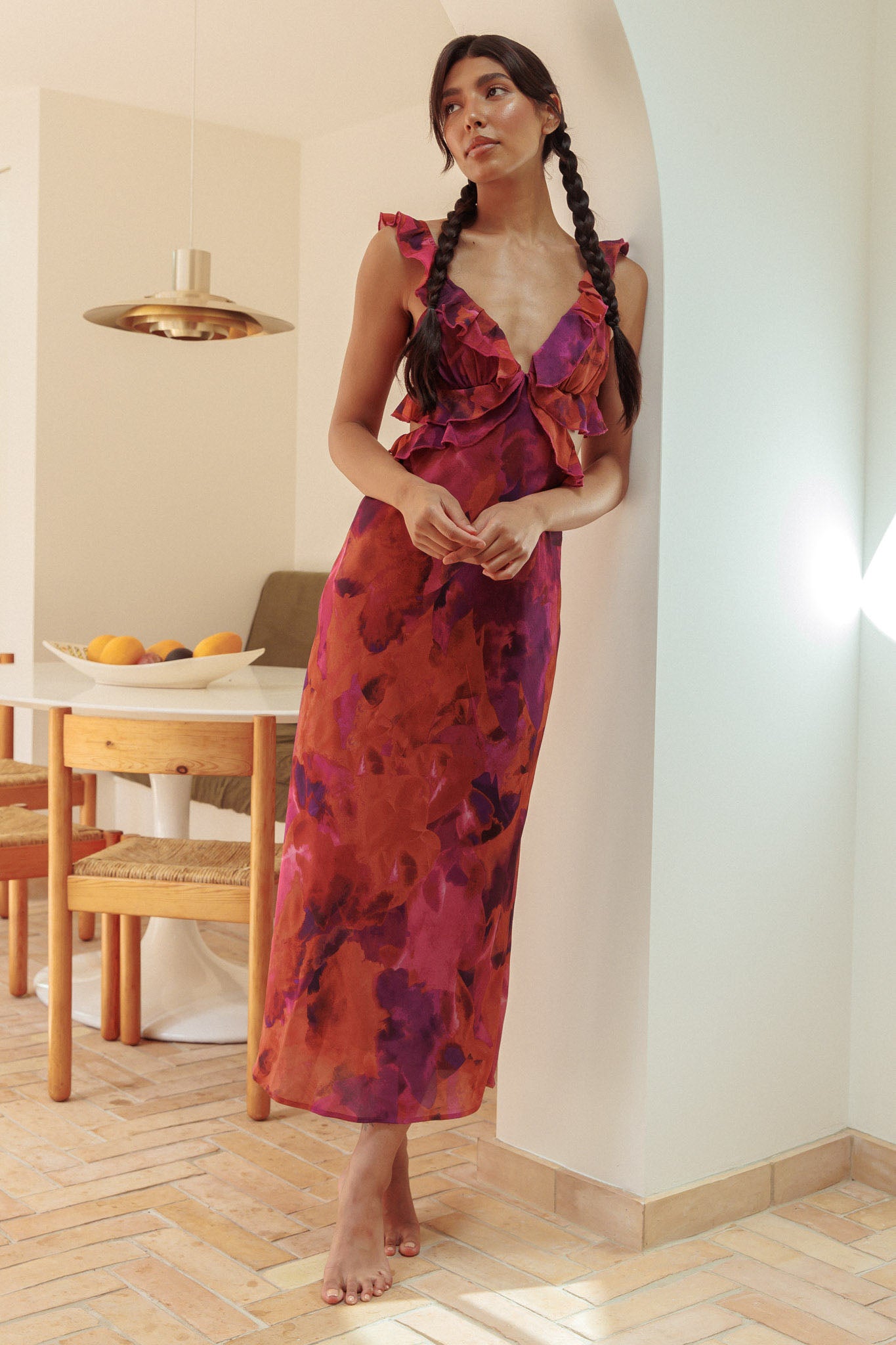 Second Chances Ruffle Trim Maxi Dress Flowers Purple by Selfie Leslie Australia