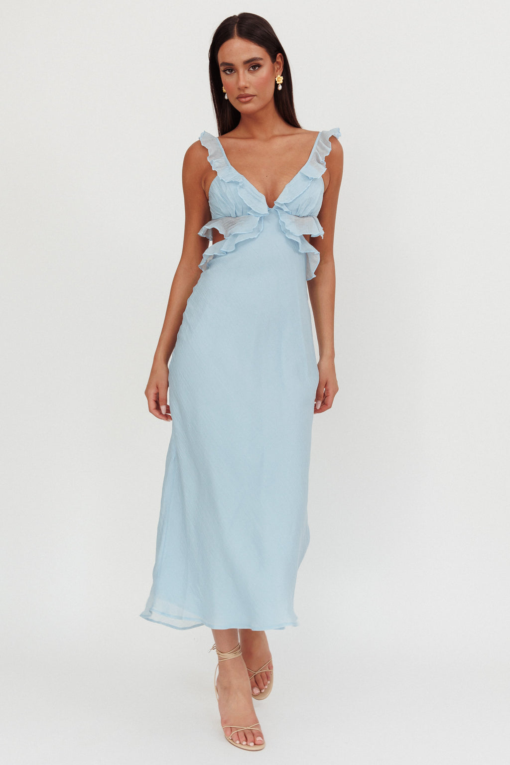 Second Chances Ruffle Trim Maxi Dress Blue by Selfie Leslie Australia