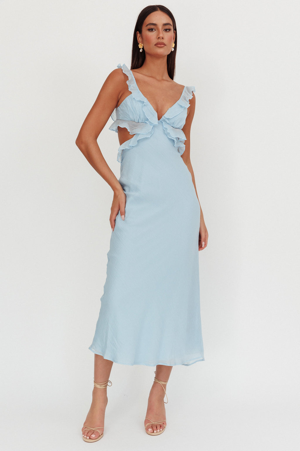 Second Chances Ruffle Trim Maxi Dress Blue by Selfie Leslie Australia
