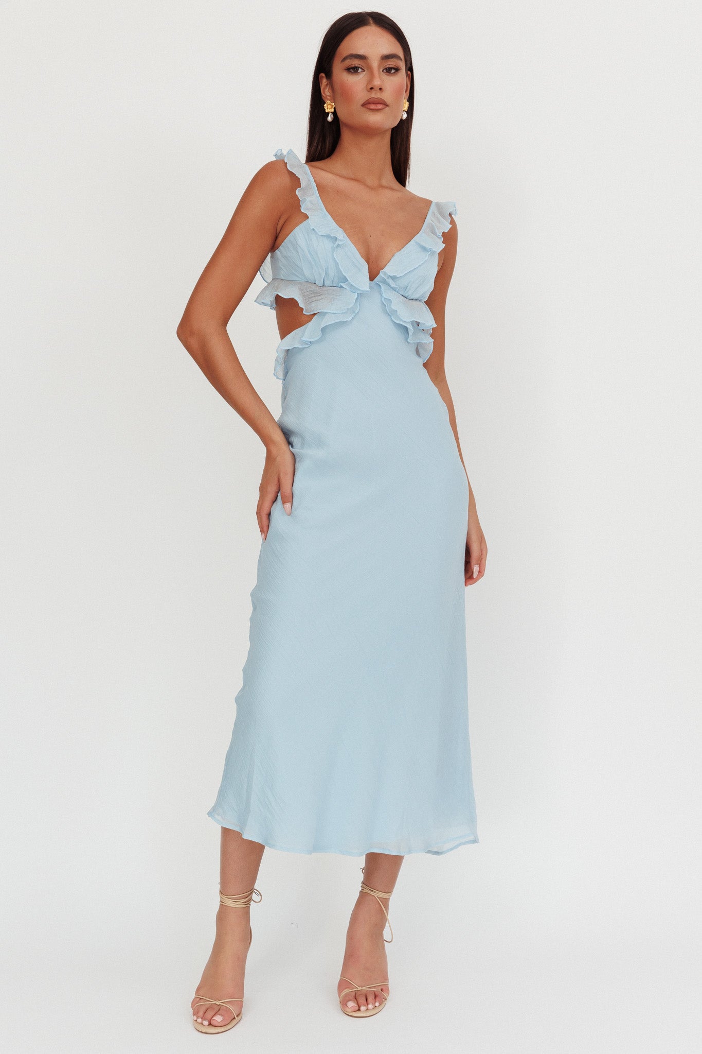 Second Chances Ruffle Trim Maxi Dress Blue by Selfie Leslie Australia