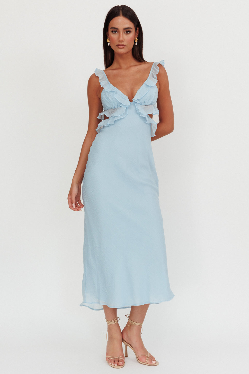 Second Chances Ruffle Trim Maxi Dress Blue by Selfie Leslie Australia