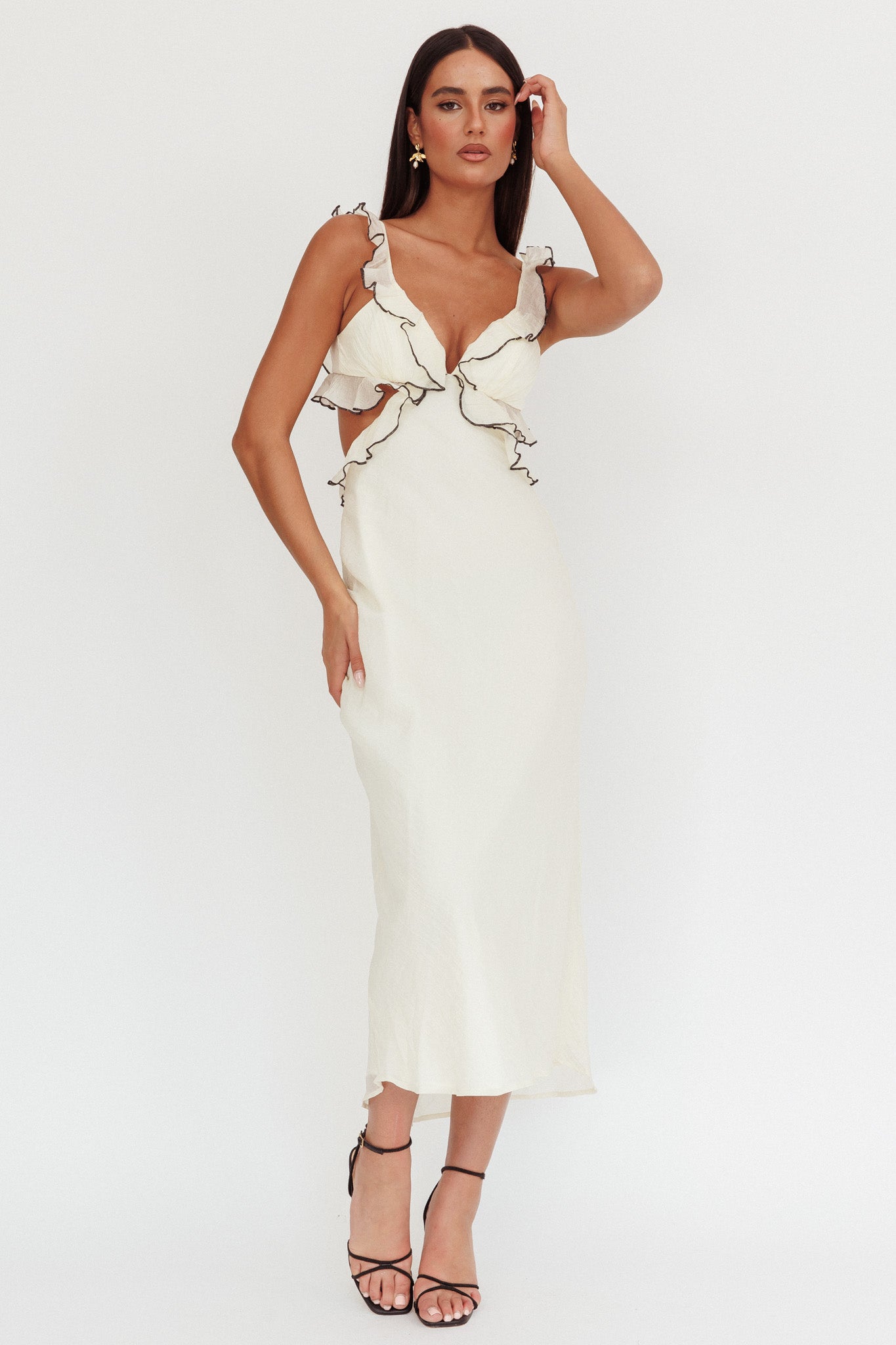 Second Chances Ruffle Trim Maxi Dress Contrast Cream by Selfie Leslie Australia