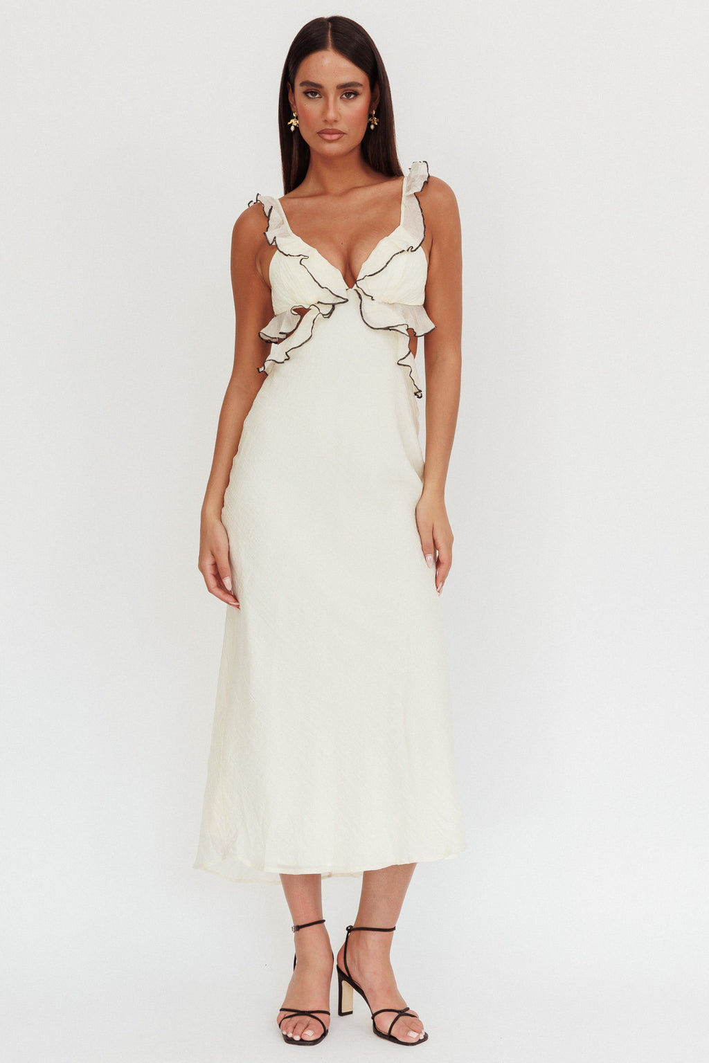 Second Chances Ruffle Trim Maxi Dress Contrast Cream by Selfie Leslie Australia