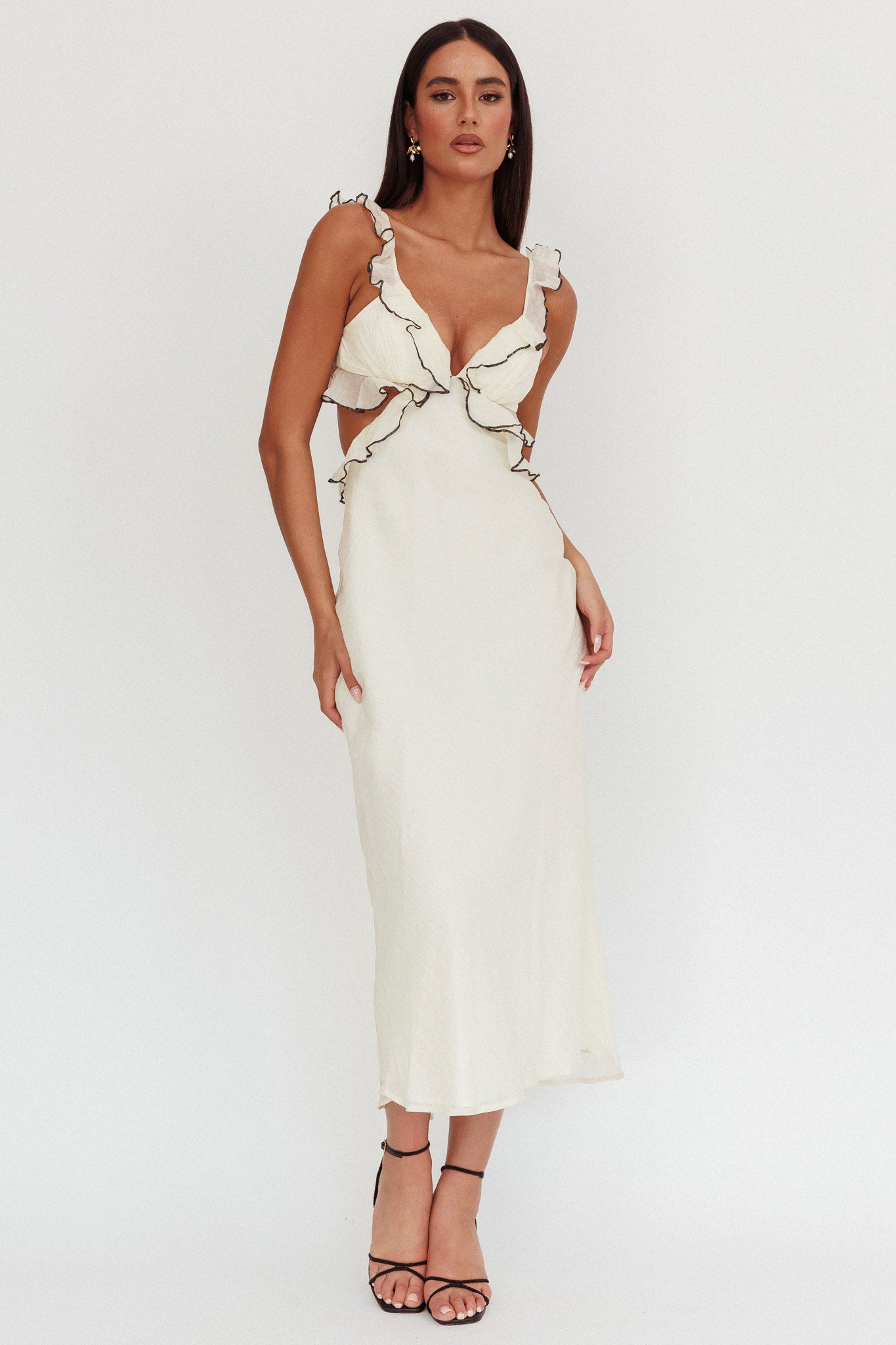 Second Chances Ruffle Trim Maxi Dress Contrast Cream by Selfie Leslie Australia