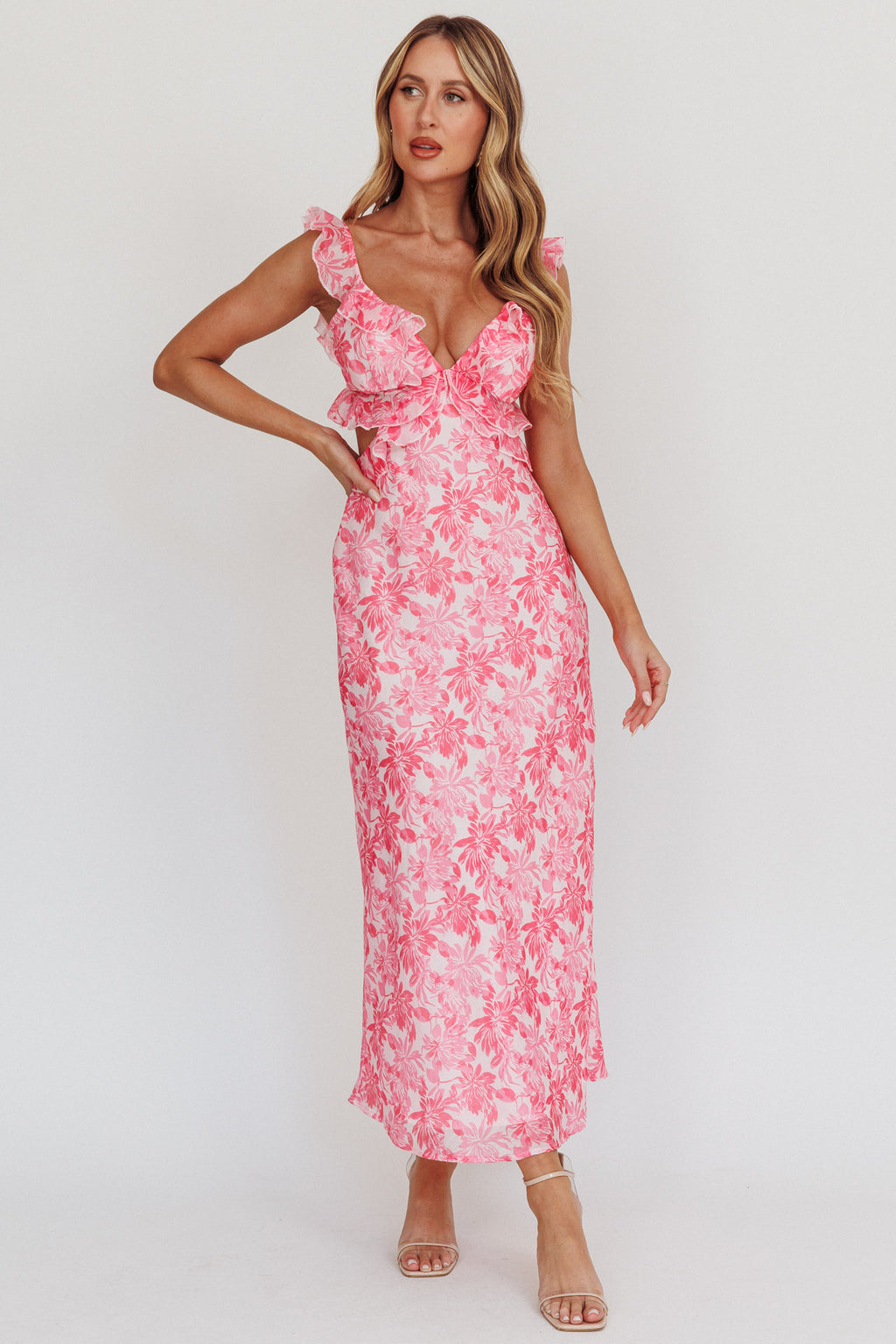 Second Chances Ruffle Trim Maxi Dress Floral Pink by Selfie Leslie Australia