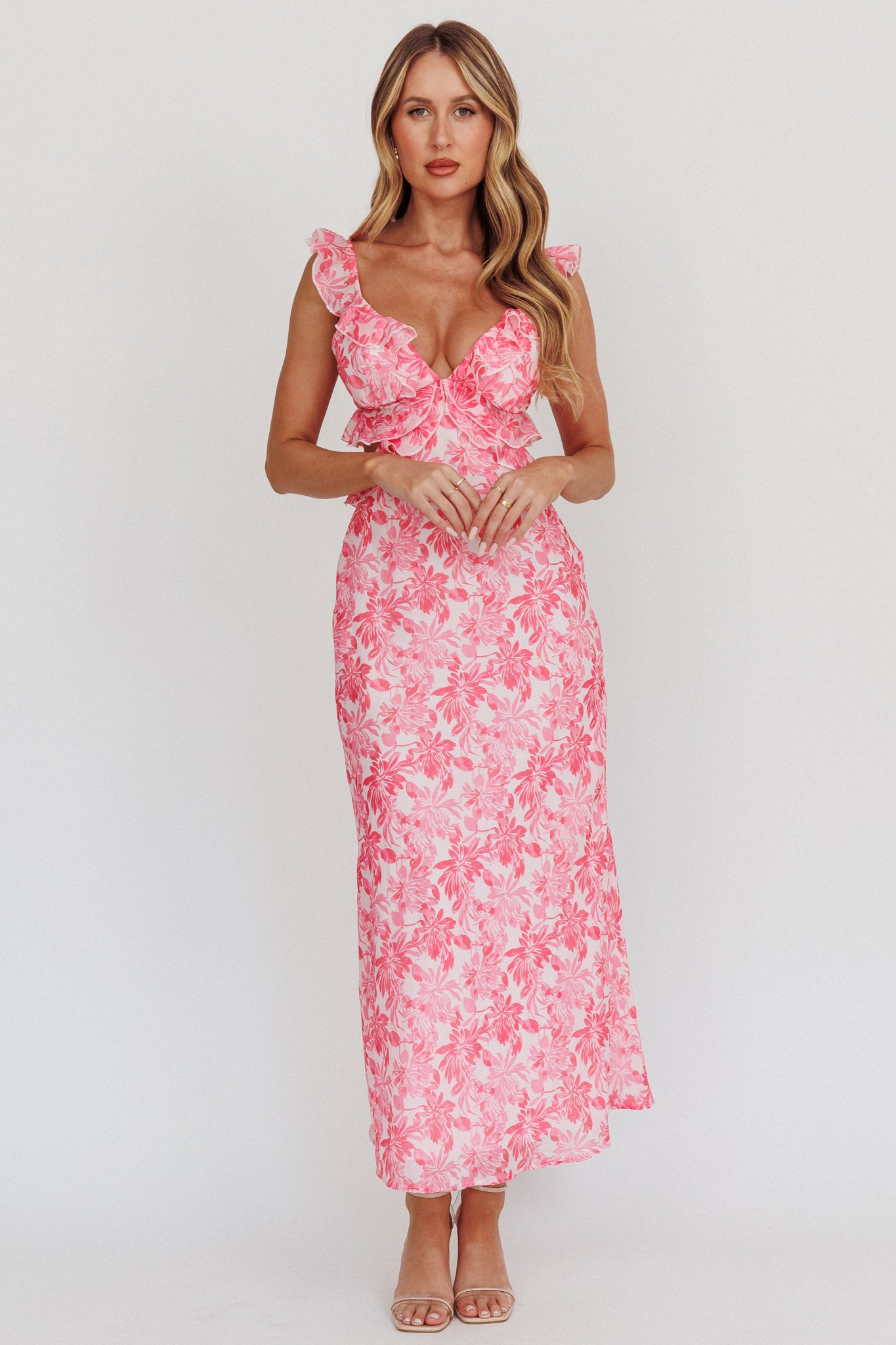 Second Chances Ruffle Trim Maxi Dress Floral Pink by Selfie Leslie Australia