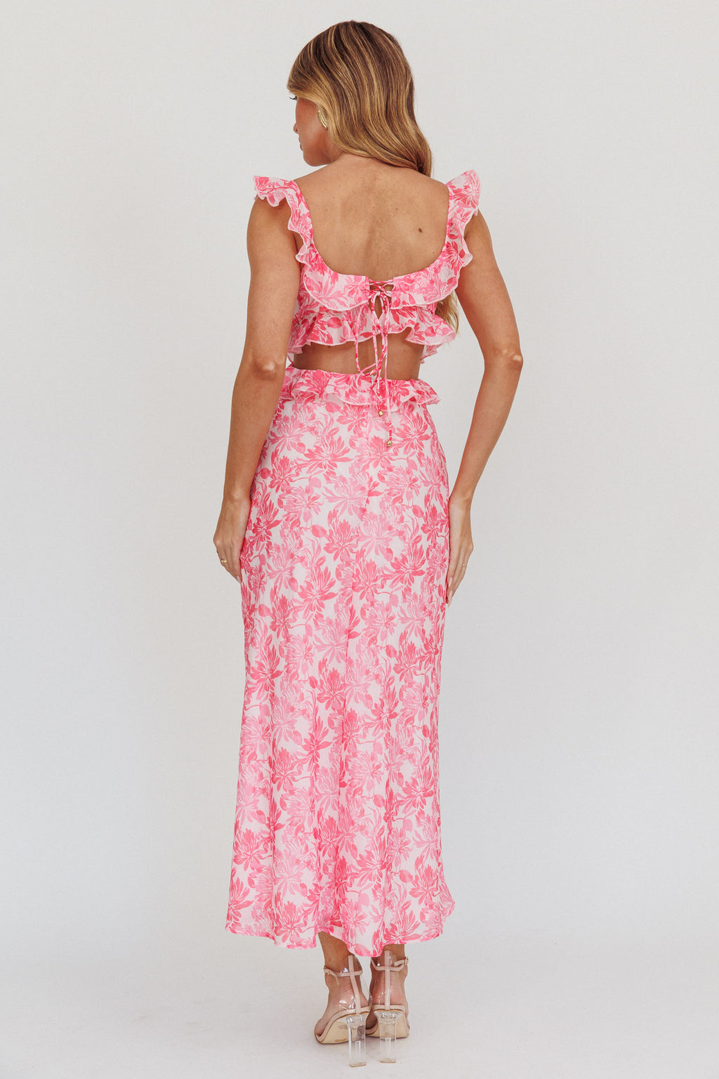 Second Chances Ruffle Trim Maxi Dress Floral Pink by Selfie Leslie Australia