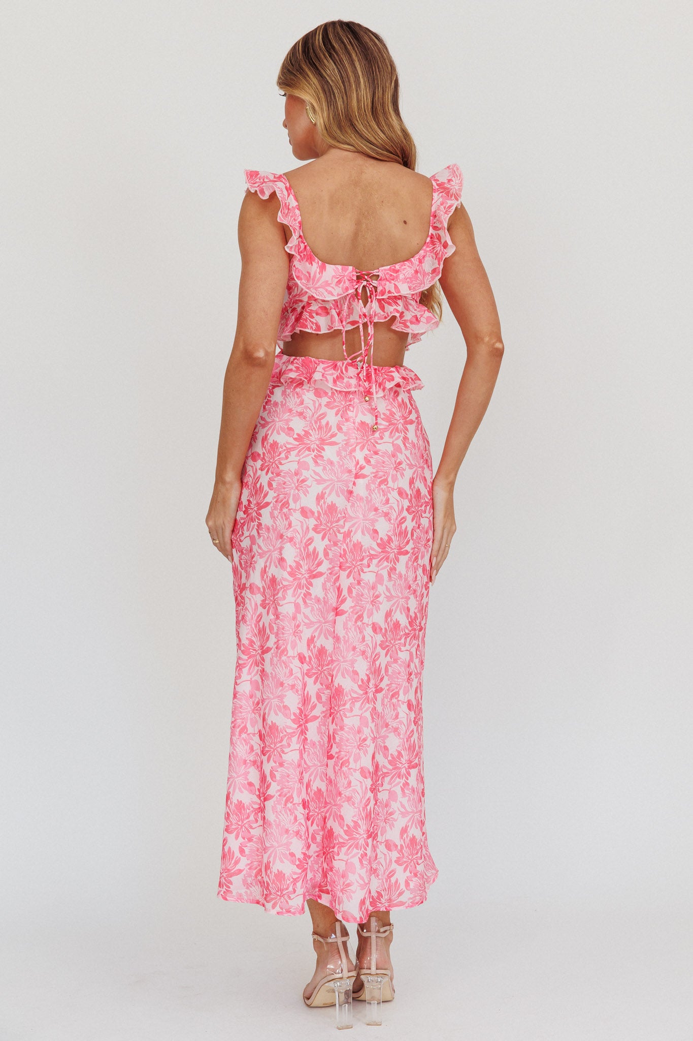 Second Chances Ruffle Trim Maxi Dress Floral Pink by Selfie Leslie Australia