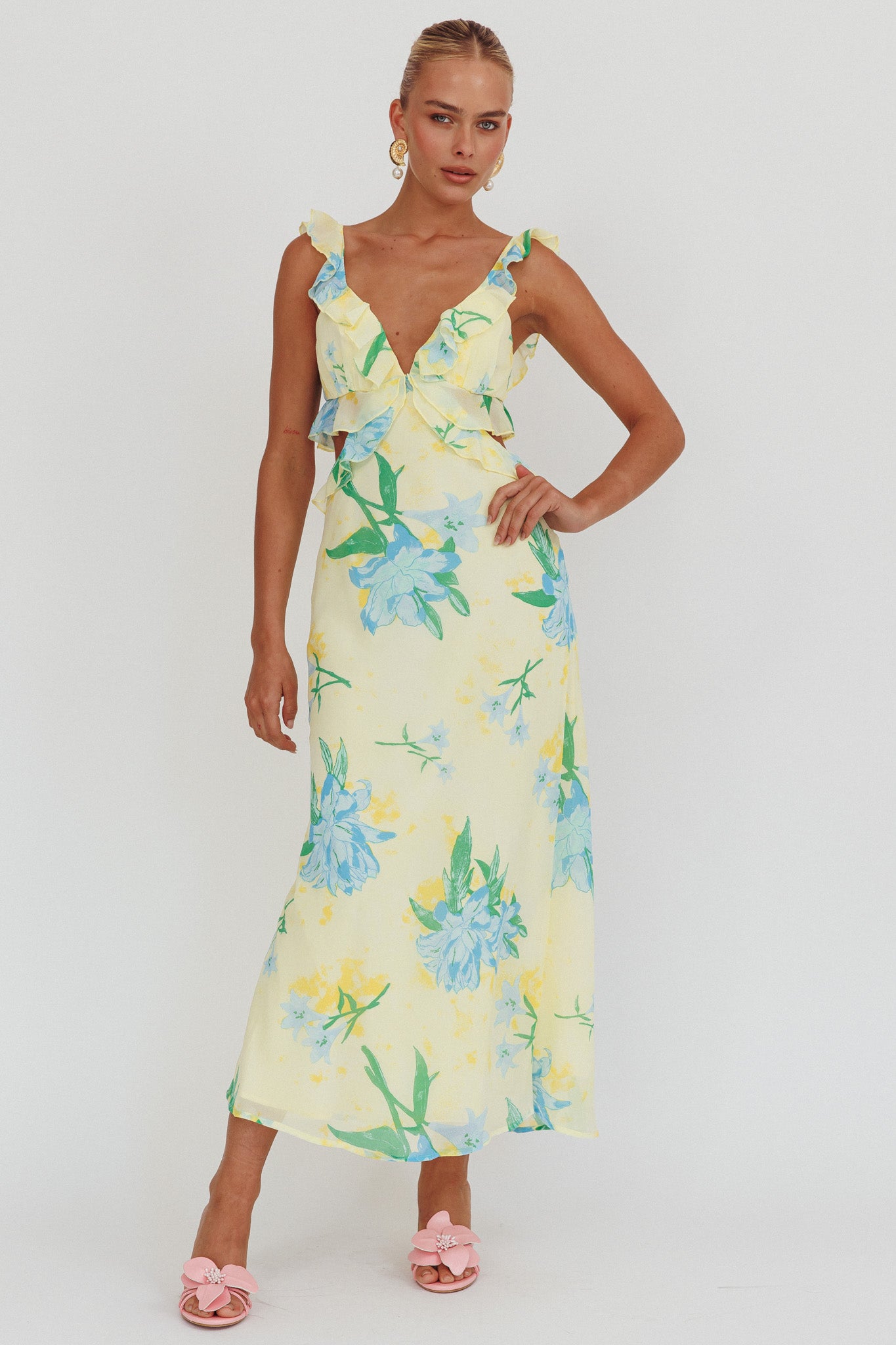 Second Chances Ruffle Trim Maxi Dress Lily Blue by Selfie Leslie Australia
