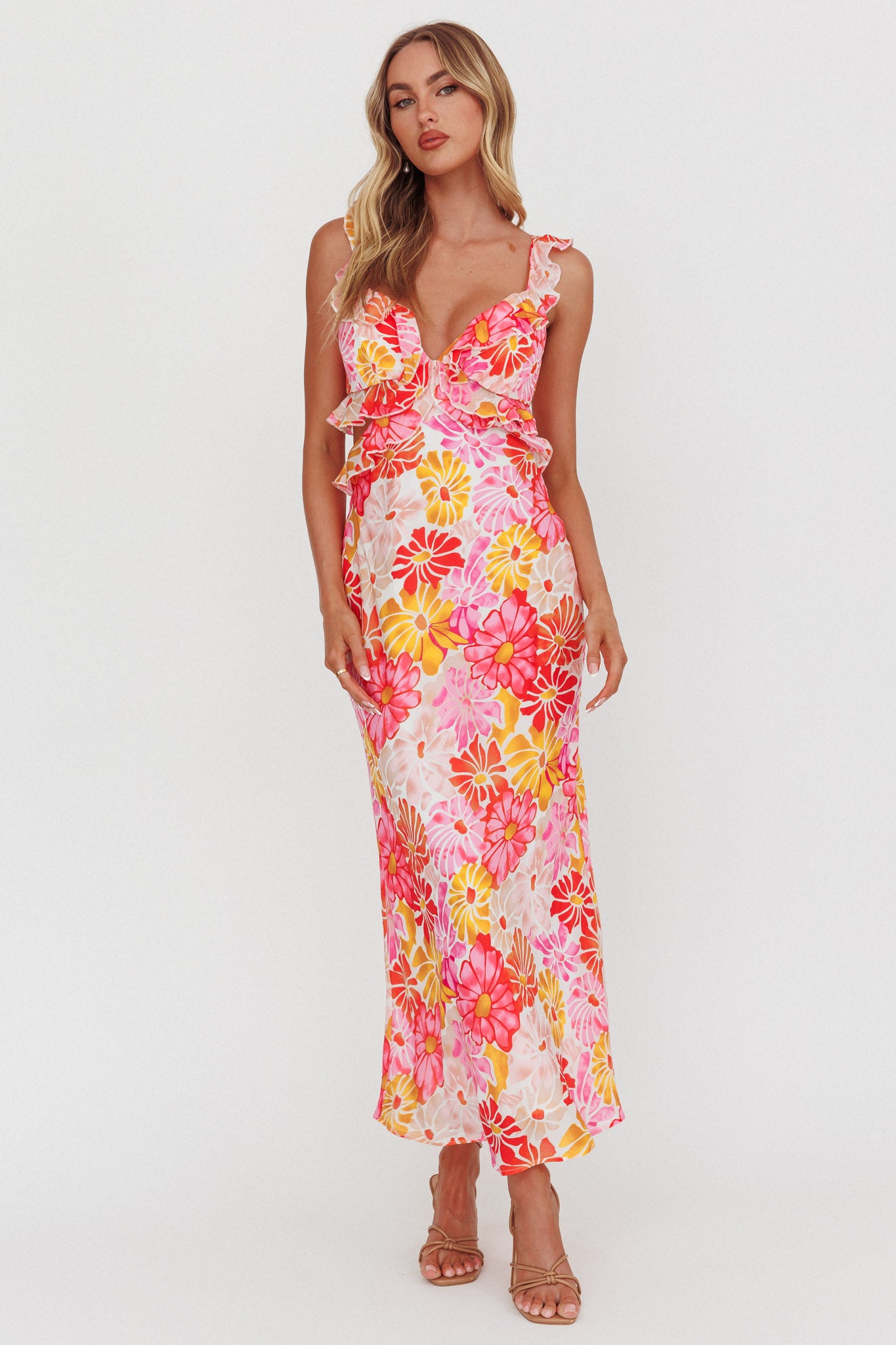 Second Chances Ruffle Trim Maxi Dress Flower Pink by Selfie Leslie Australia