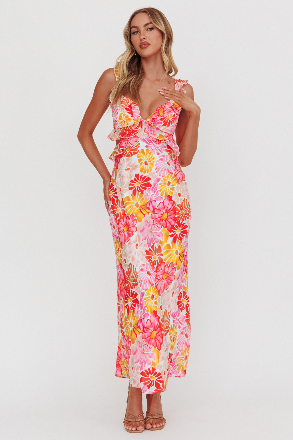 Second Chances Ruffle Trim Maxi Dress Flower Pink by Selfie Leslie Australia