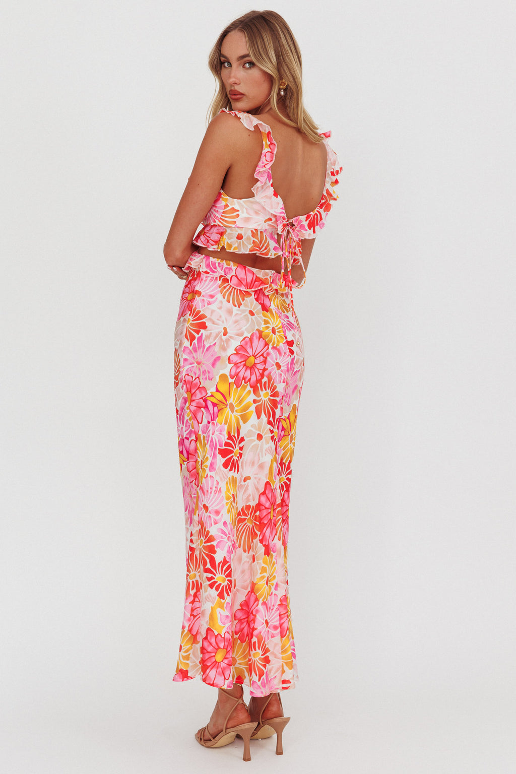 Second Chances Ruffle Trim Maxi Dress Flower Pink by Selfie Leslie Australia