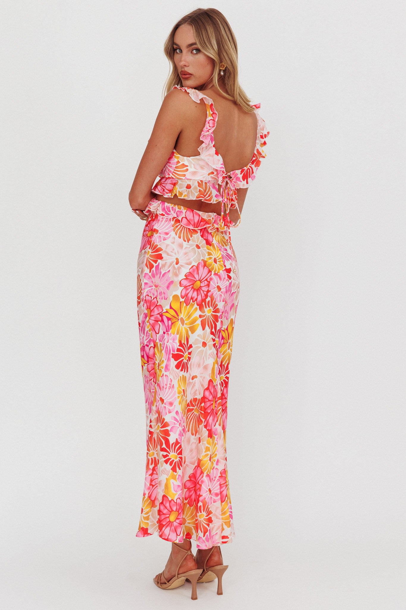 Second Chances Ruffle Trim Maxi Dress Flower Pink by Selfie Leslie Australia