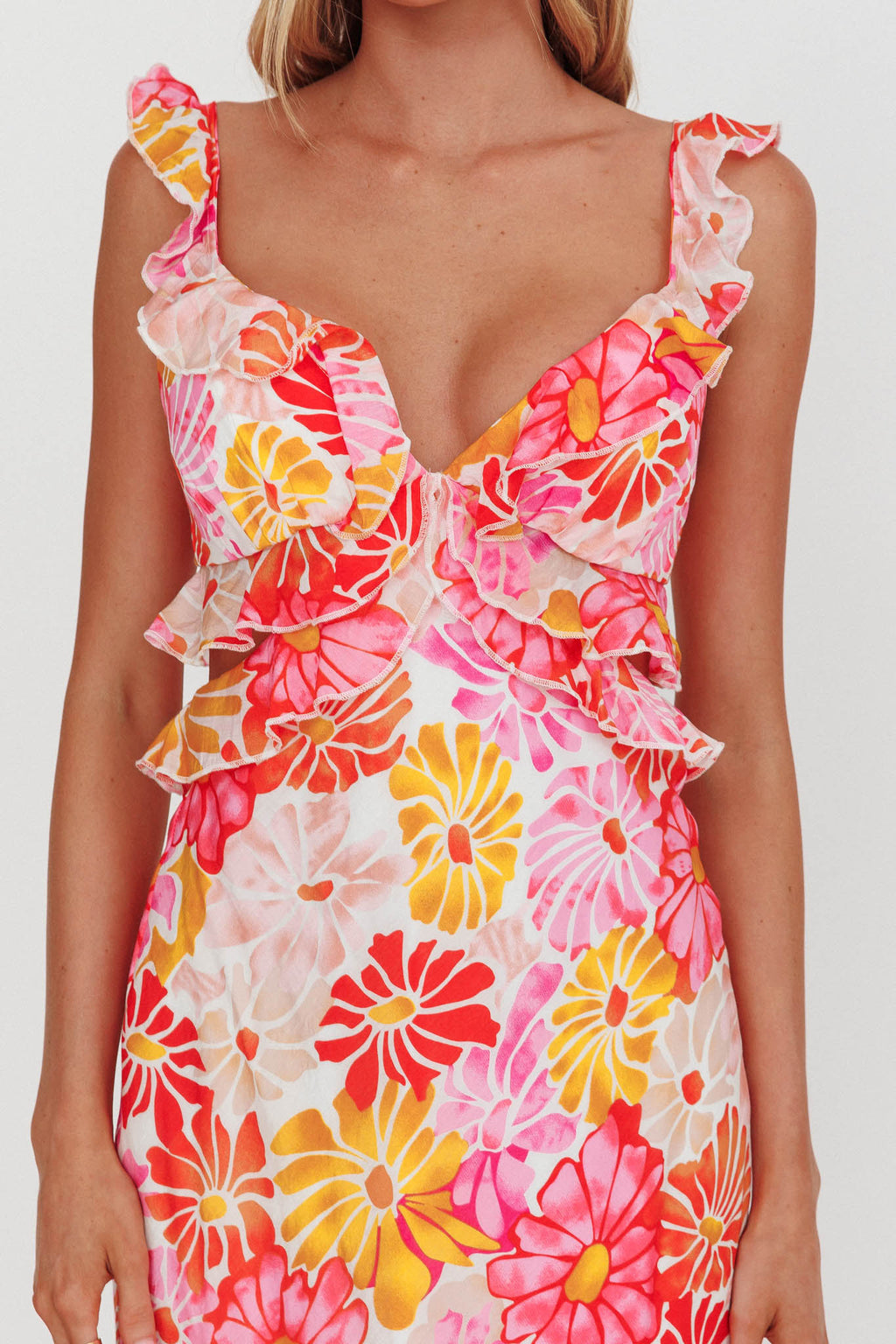 Second Chances Ruffle Trim Maxi Dress Flower Pink by Selfie Leslie Australia