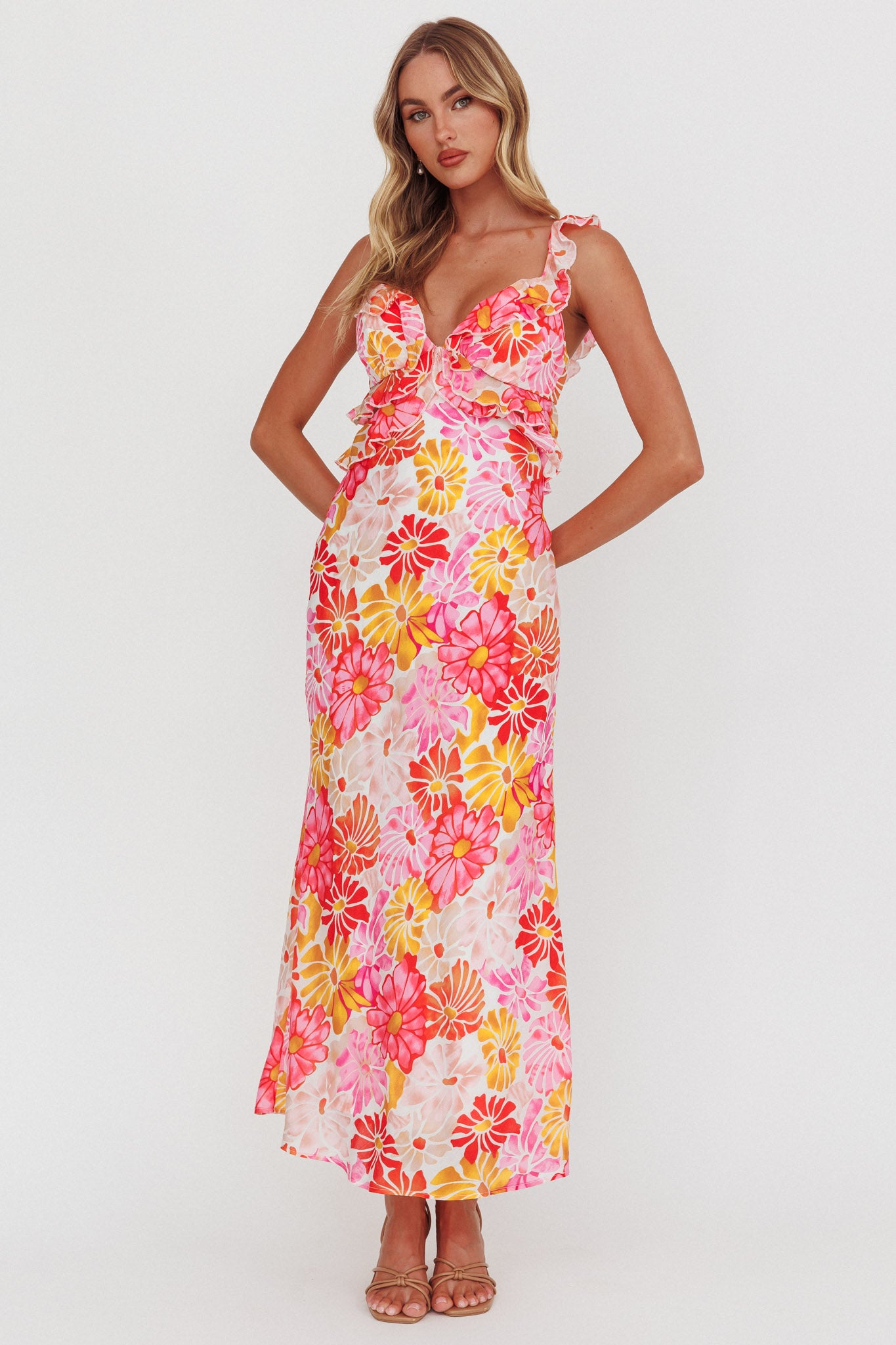 Second Chances Ruffle Trim Maxi Dress Flower Pink by Selfie Leslie Australia