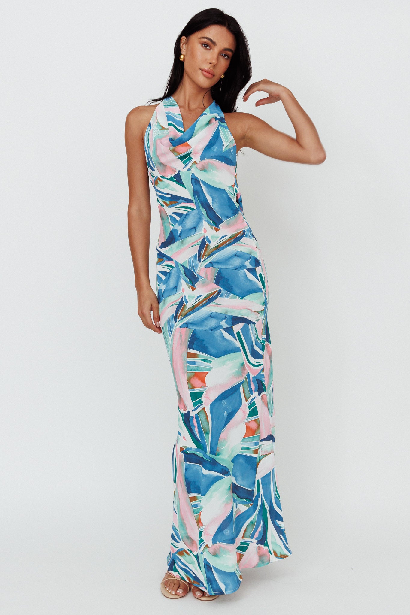Cassiopeia Open Back Maxi Dress Abstract Blue by Selfie Leslie Australia
