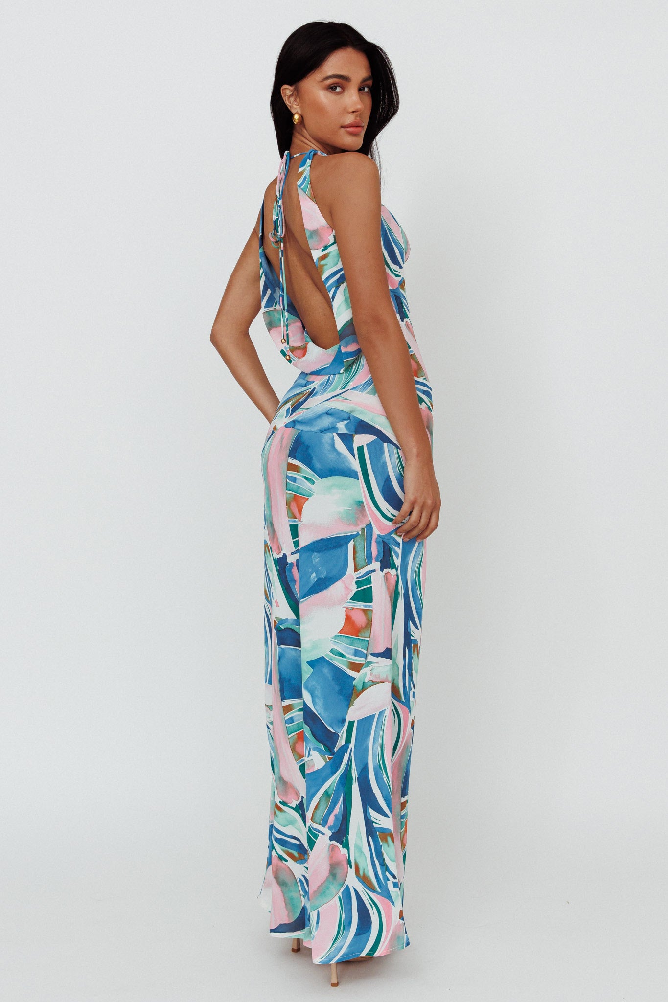 Cassiopeia Open Back Maxi Dress Abstract Blue by Selfie Leslie Australia