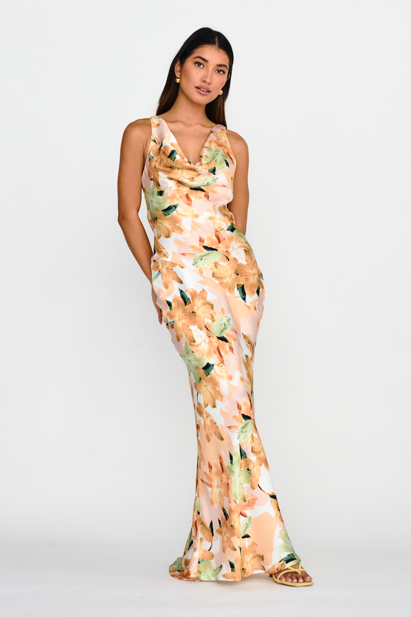 Cassiopeia Open Back Maxi Dress Lily Print Yellow by Selfie Leslie Australia