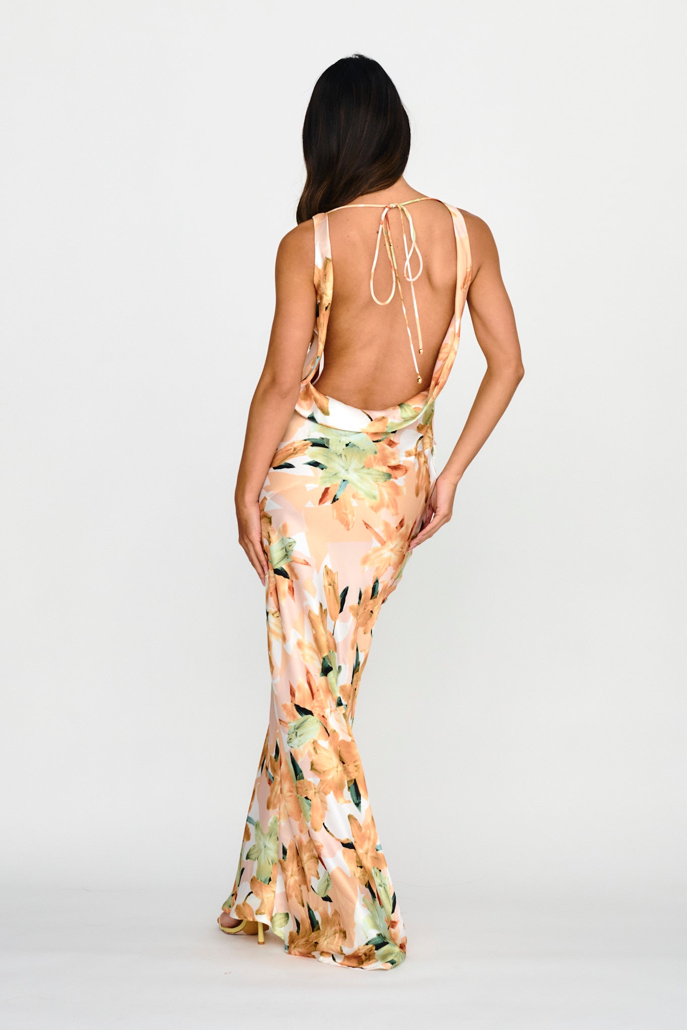 Cassiopeia Open Back Maxi Dress Lily Print Yellow by Selfie Leslie Australia