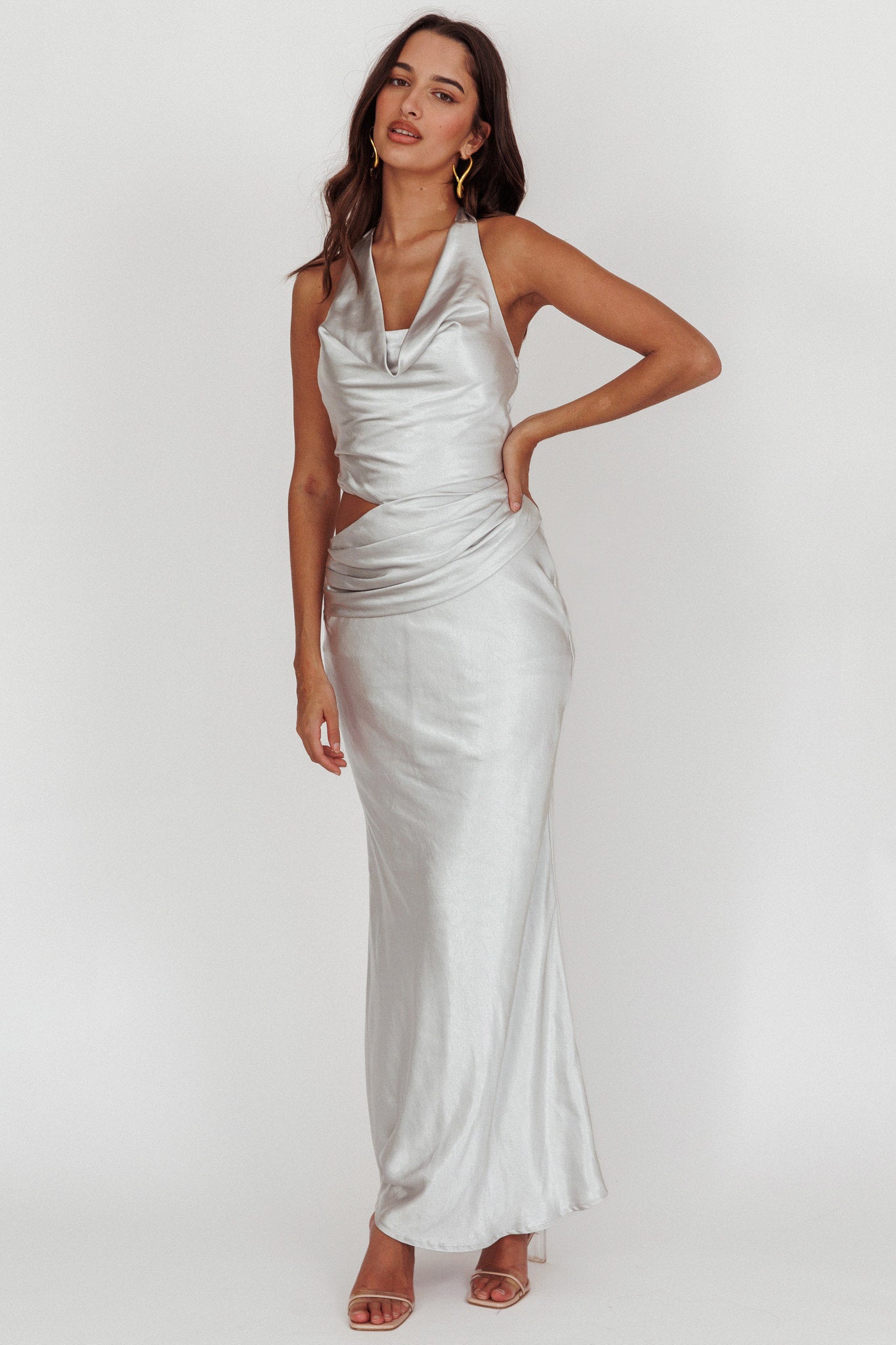Cassiopeia Cowl Halter Neck Cut Out Maxi Dress Opal by Selfie Leslie Australia