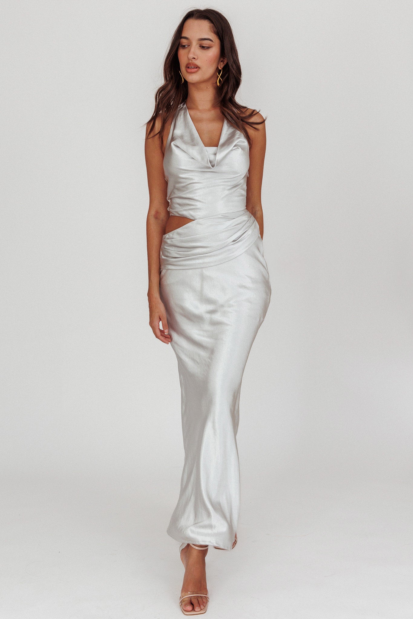Cassiopeia Cowl Halter Neck Cut Out Maxi Dress Opal by Selfie Leslie Australia
