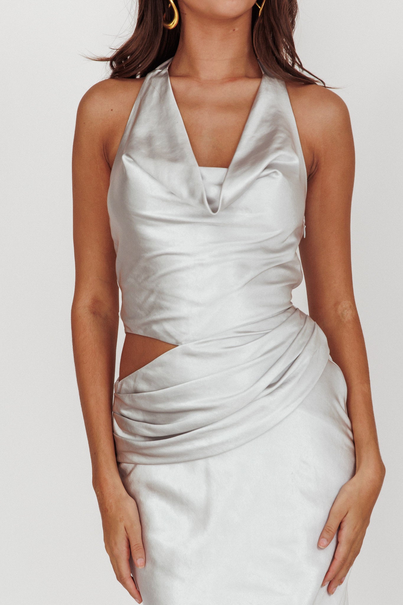 Cassiopeia Cowl Halter Neck Cut Out Maxi Dress Opal by Selfie Leslie Australia