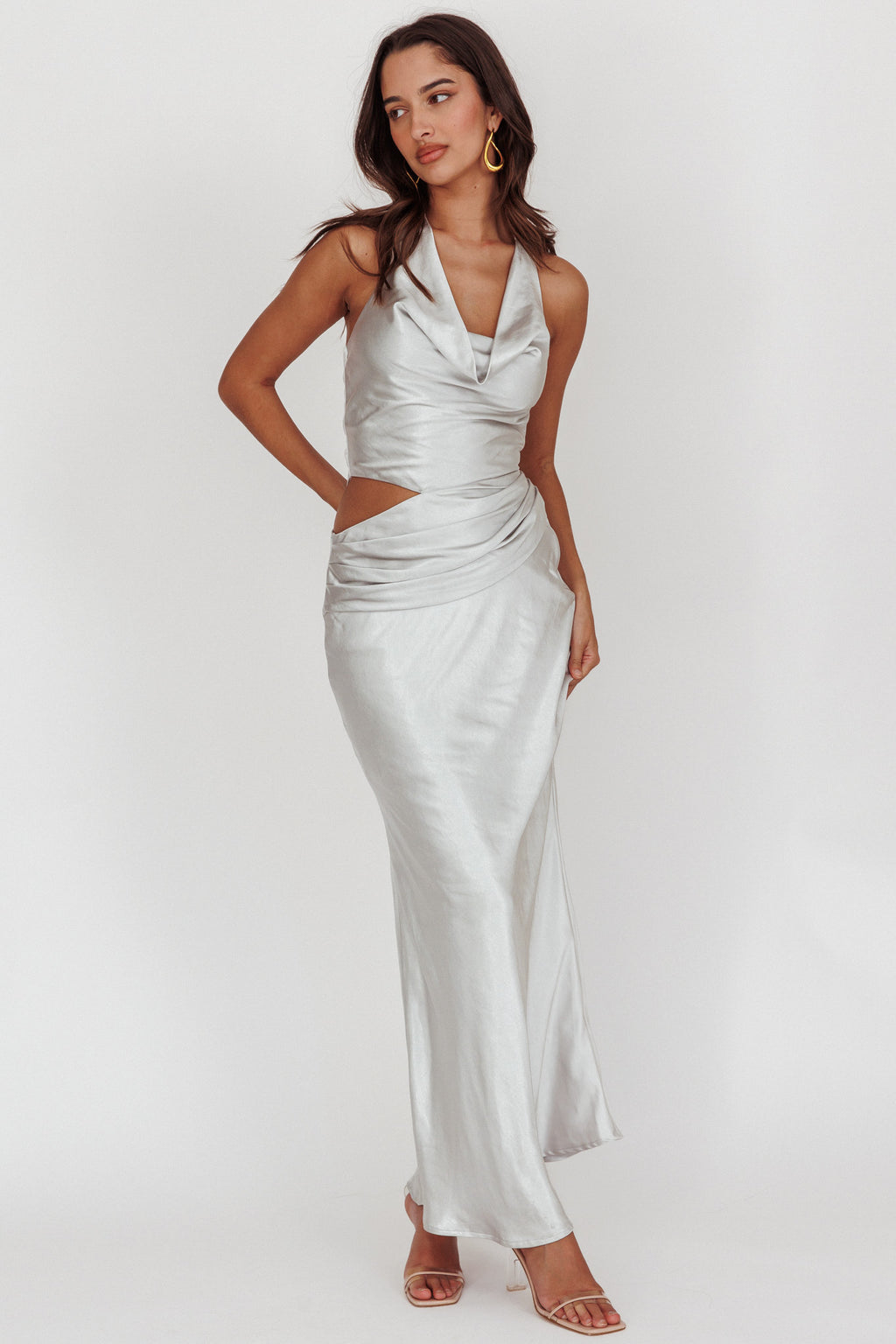 Cassiopeia Cowl Halter Neck Cut Out Maxi Dress Opal by Selfie Leslie Australia