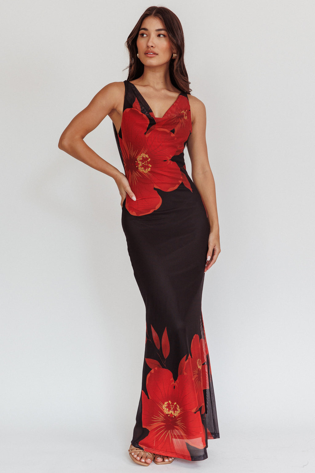 Cassiopeia Open Back Maxi Dress Hibiscus Black by Selfie Leslie Australia