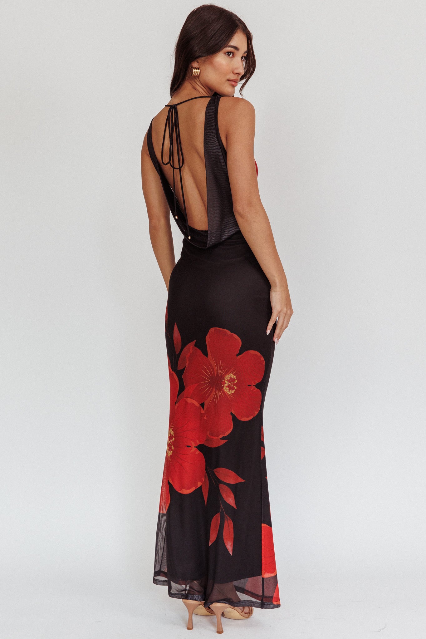 Cassiopeia Open Back Maxi Dress Hibiscus Black by Selfie Leslie Australia