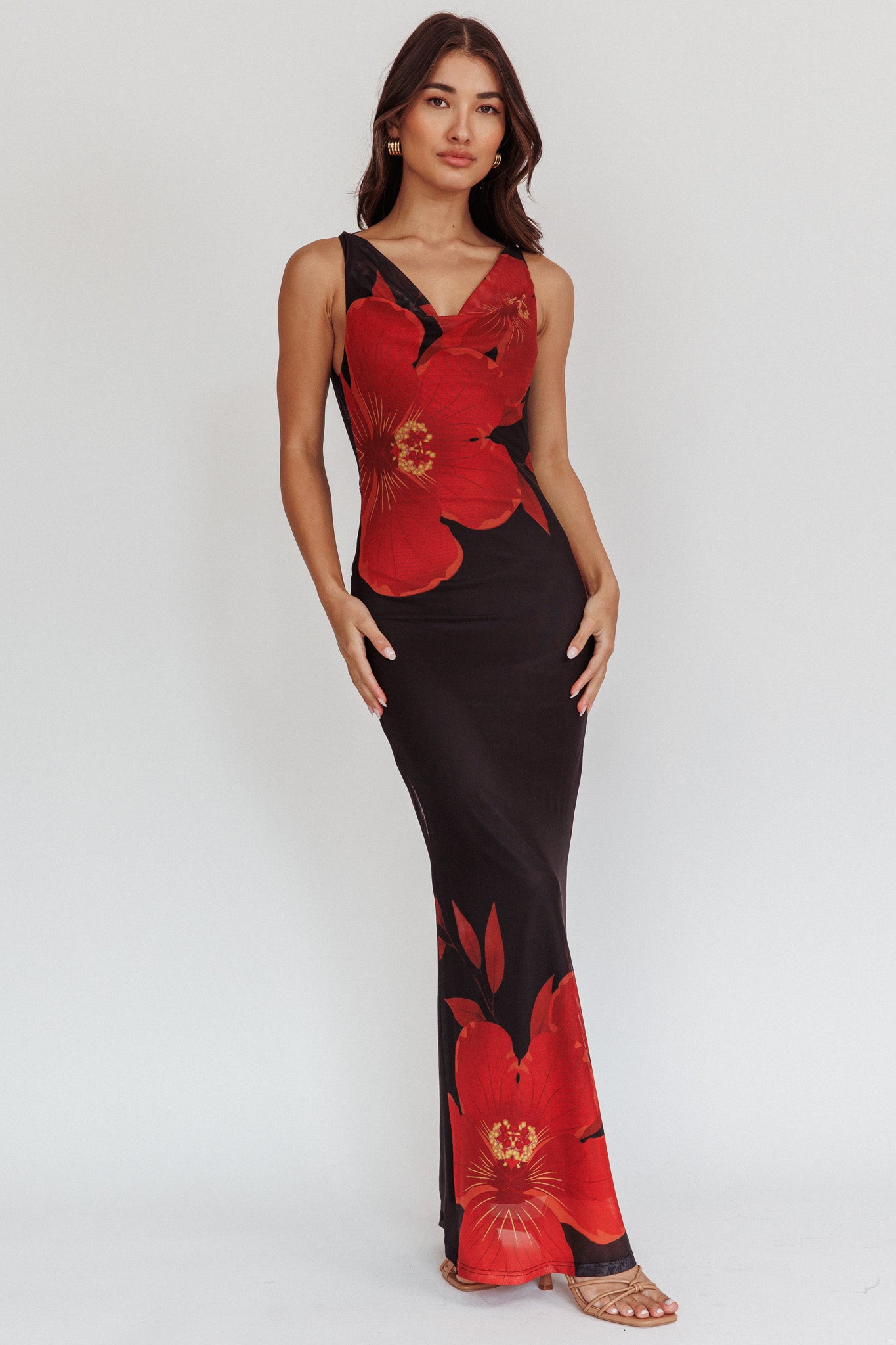 Cassiopeia Open Back Maxi Dress Hibiscus Black by Selfie Leslie Australia