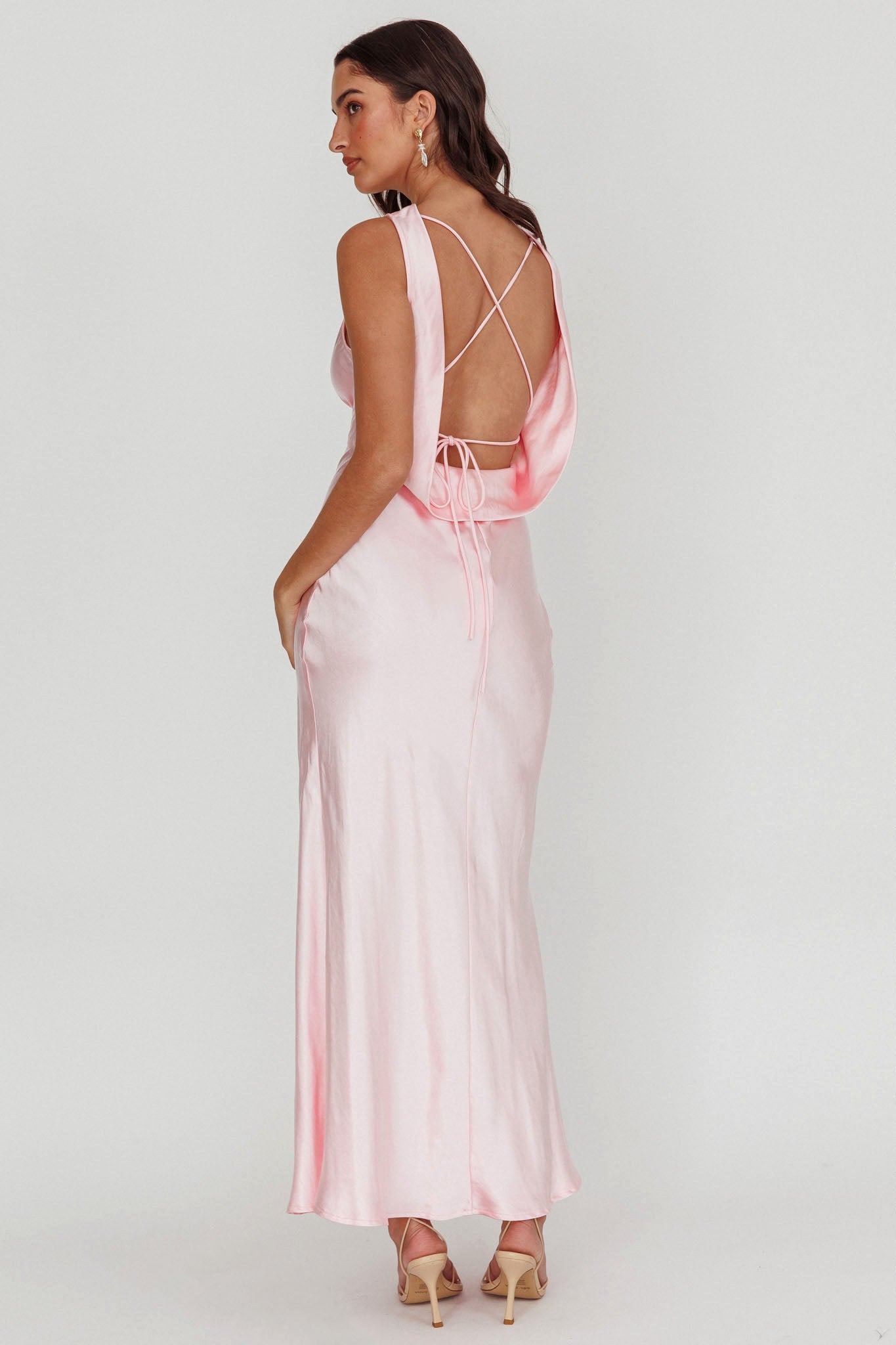 Isabella Satin Backless Maxi Dress Pink by Selfie Leslie Australia